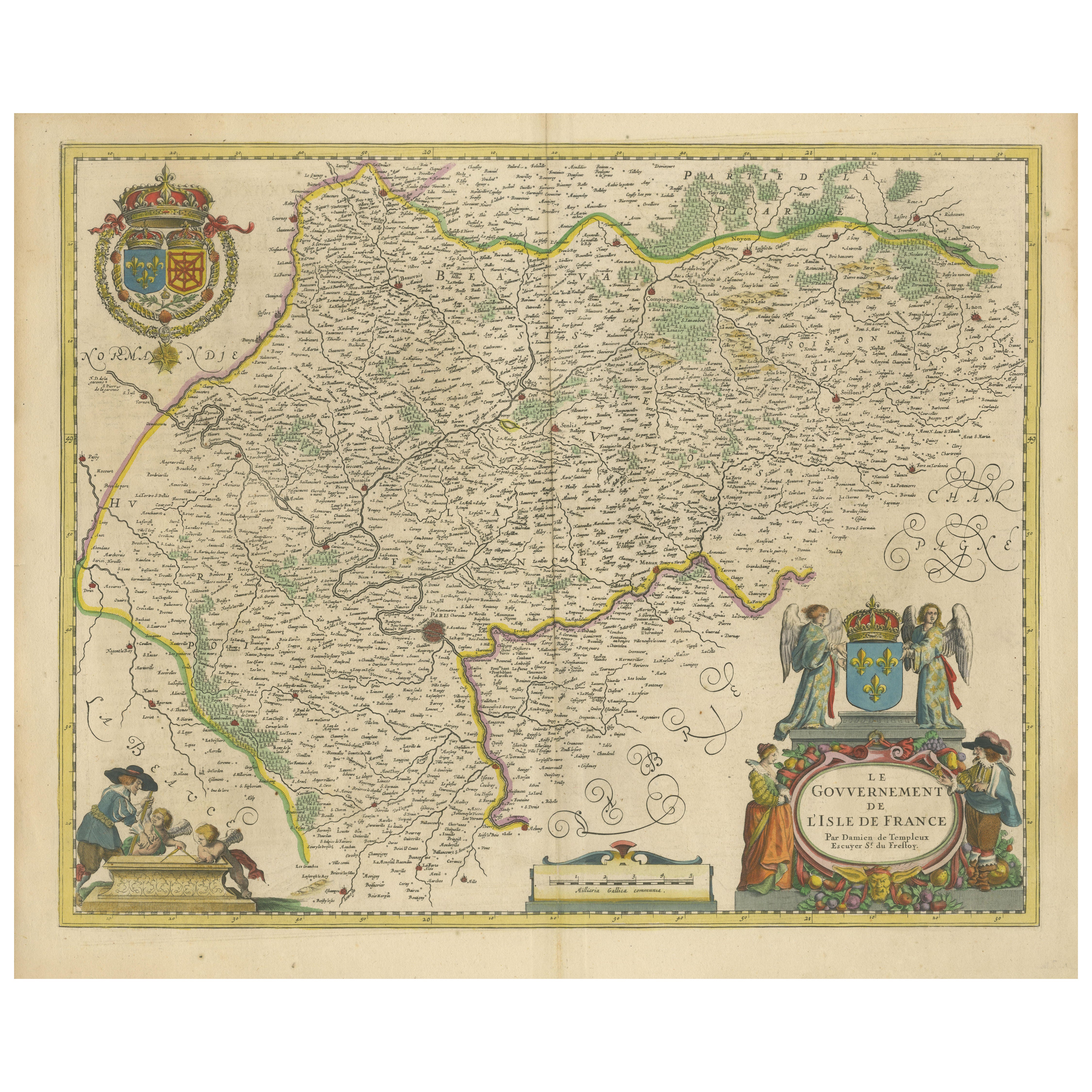Magnifique carte de Paris et de l'île de France du 17ème siècle par Templeux, vers 1650