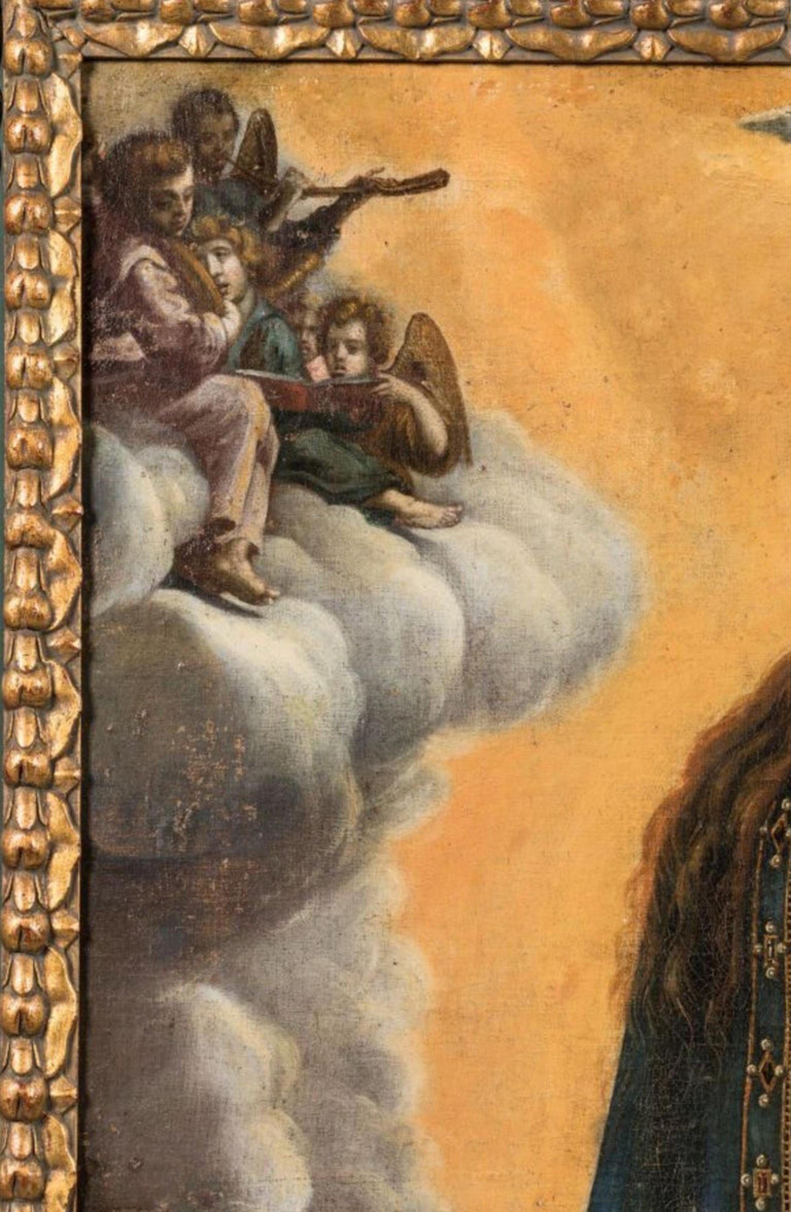 Schöne mexikanische Schule des 17. Jahrhunderts – „Annunciation“ (Geölt) im Angebot