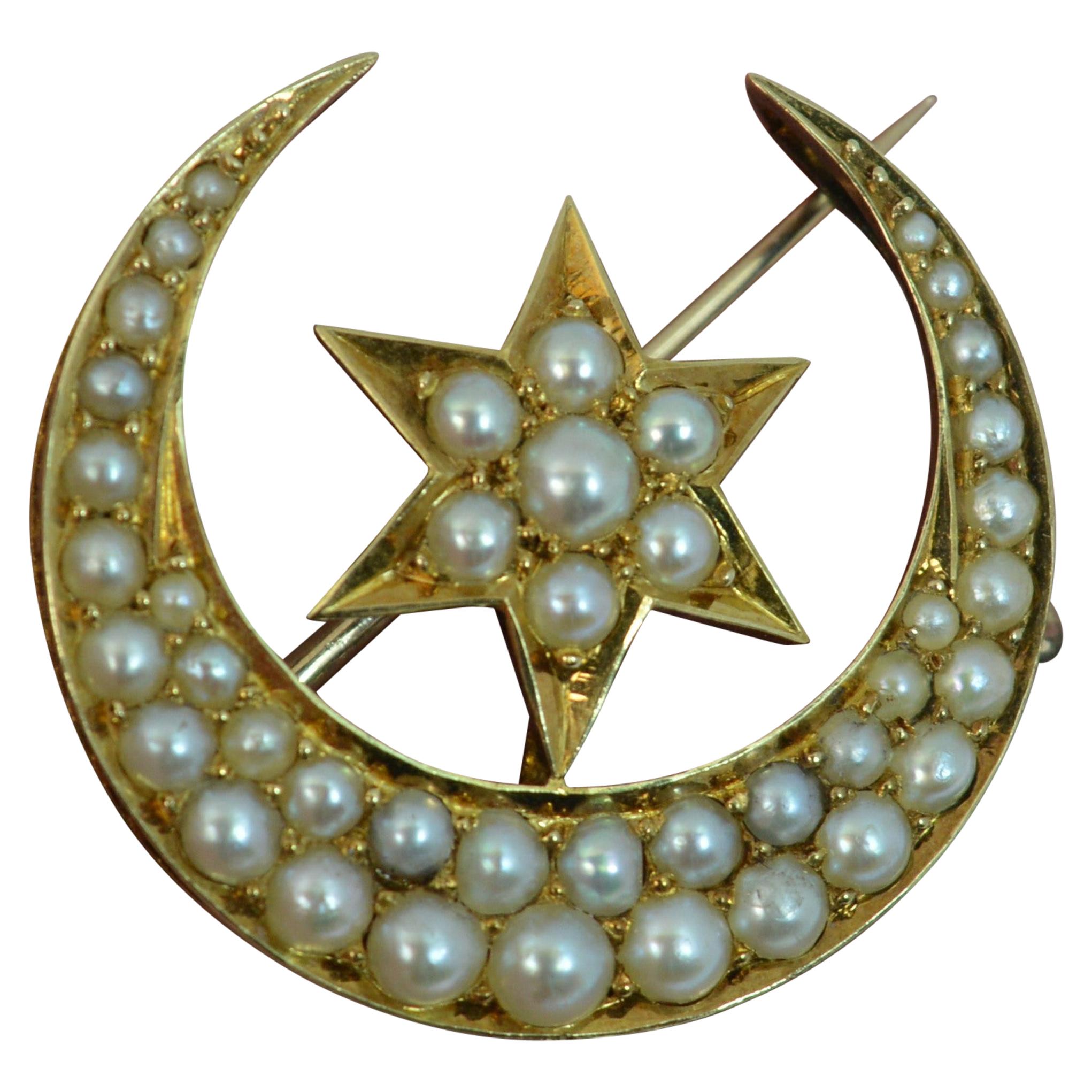 Beautiful 18 Carat Gold and Seed Pearl Crescent and Star Brooch