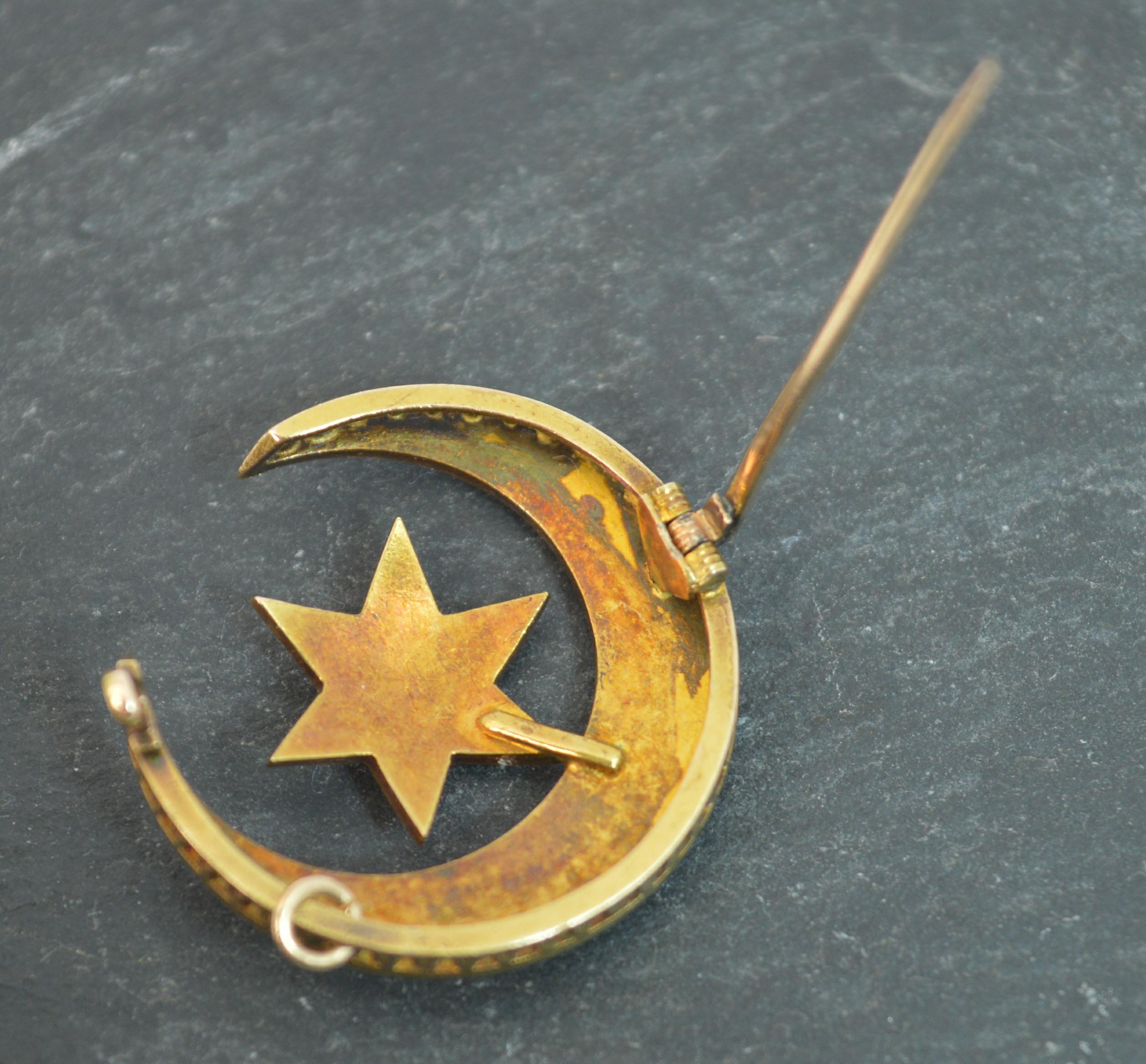 Beautiful 18 Carat Gold and Seed Pearl Crescent and Star Brooch 1