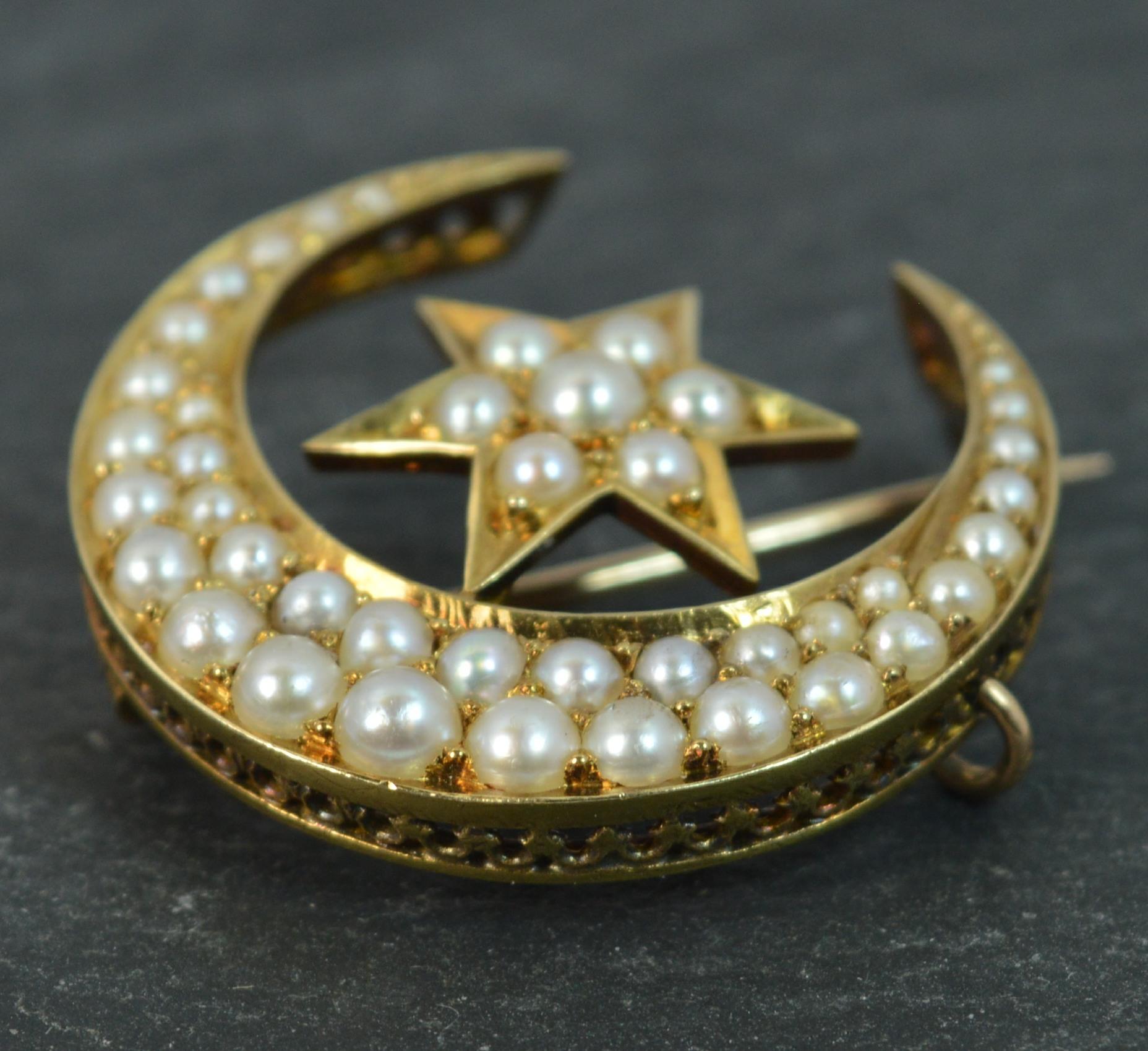 Beautiful 18 Carat Gold and Seed Pearl Crescent and Star Brooch 2