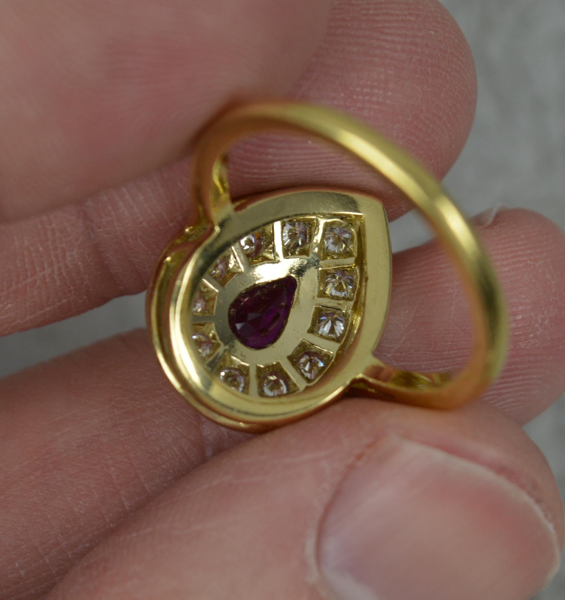 Beautiful 18 Carat Gold Pear Cut Ruby and Vs Diamond Cluster Ring In Excellent Condition For Sale In St Helens, GB