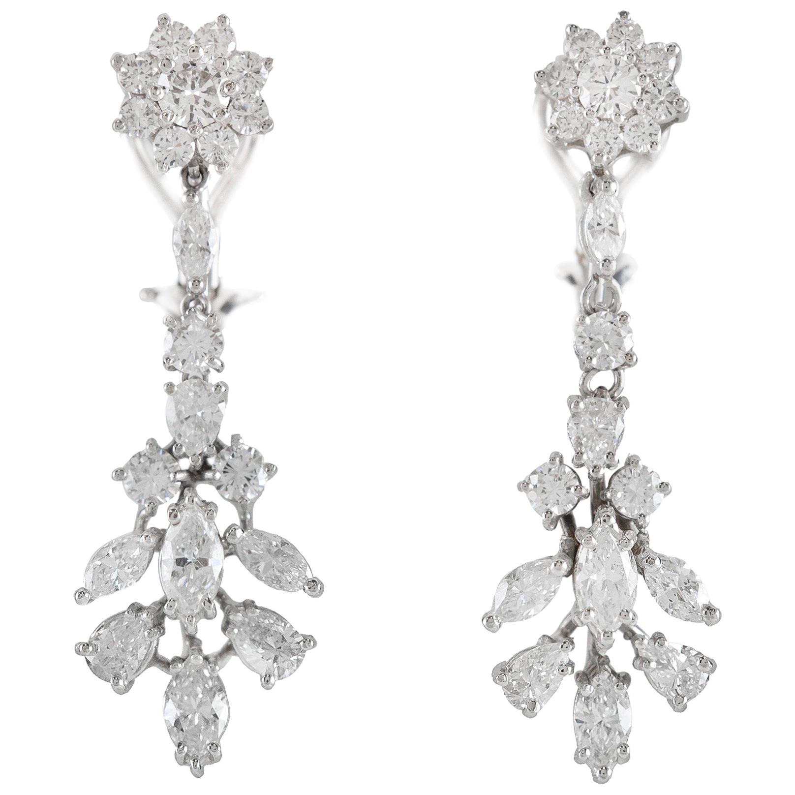 Beautiful 18 Karat and 14 Karat Pear Marquise and Round Flower Drop Earrings For Sale