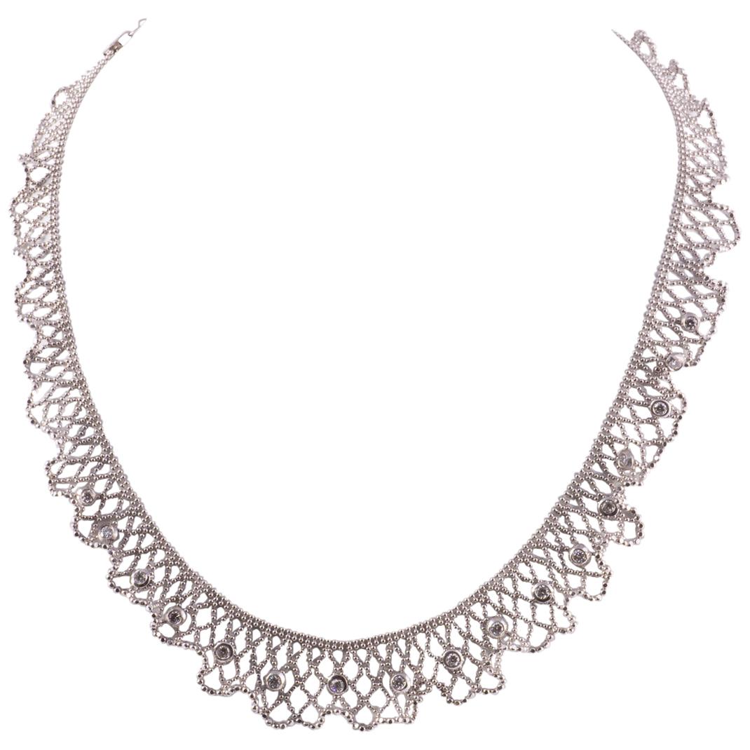 Beautiful 18 Karat White Gold Lace and Diamond Necklace For Sale