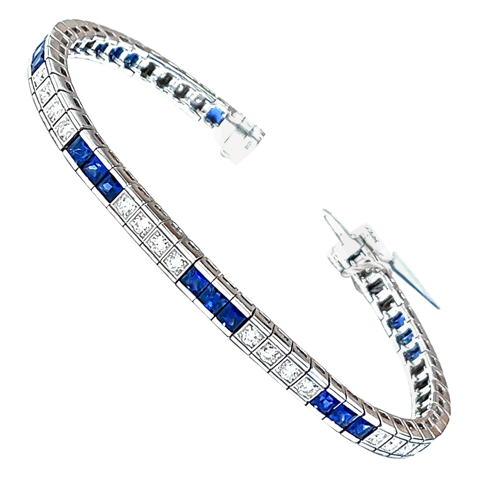 Preciosa Pulsera de Tenis de Zafiro y Diamantes en Oro Blanco de 18 Kt