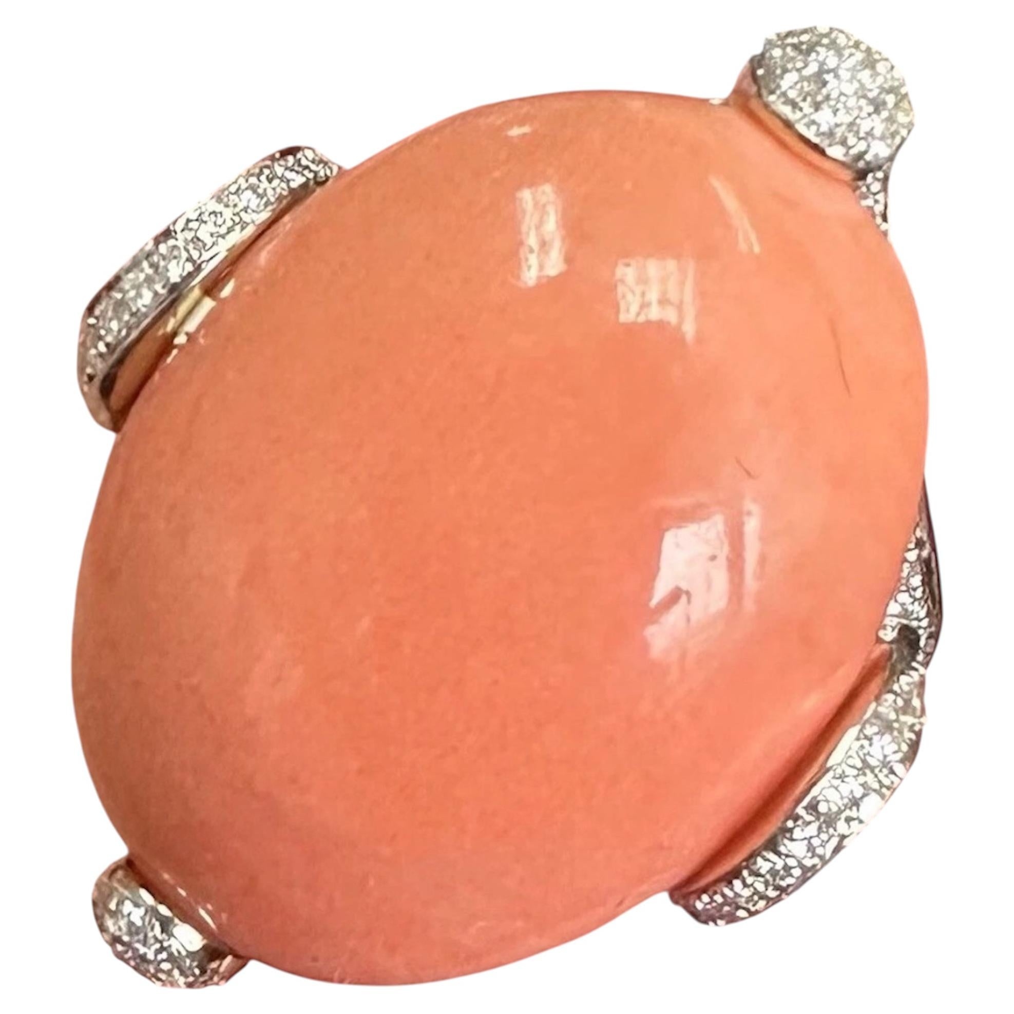 Beautiful 18.65ct Angel Skin Coral + Diamond 18k Ring
