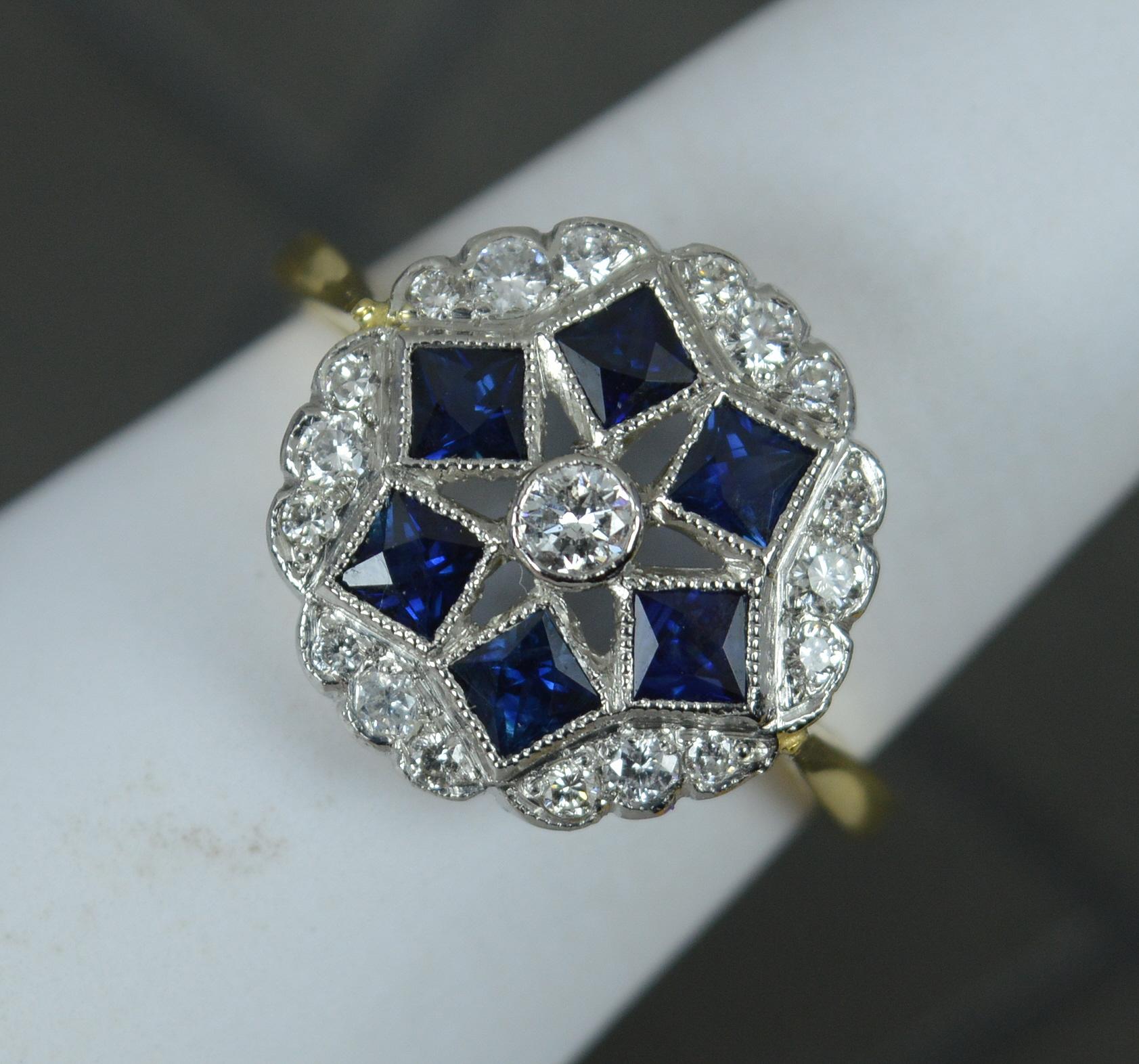 Beautiful 18ct Gold French Cut Sapphire and Diamond Cluster Panel Ring For Sale 8