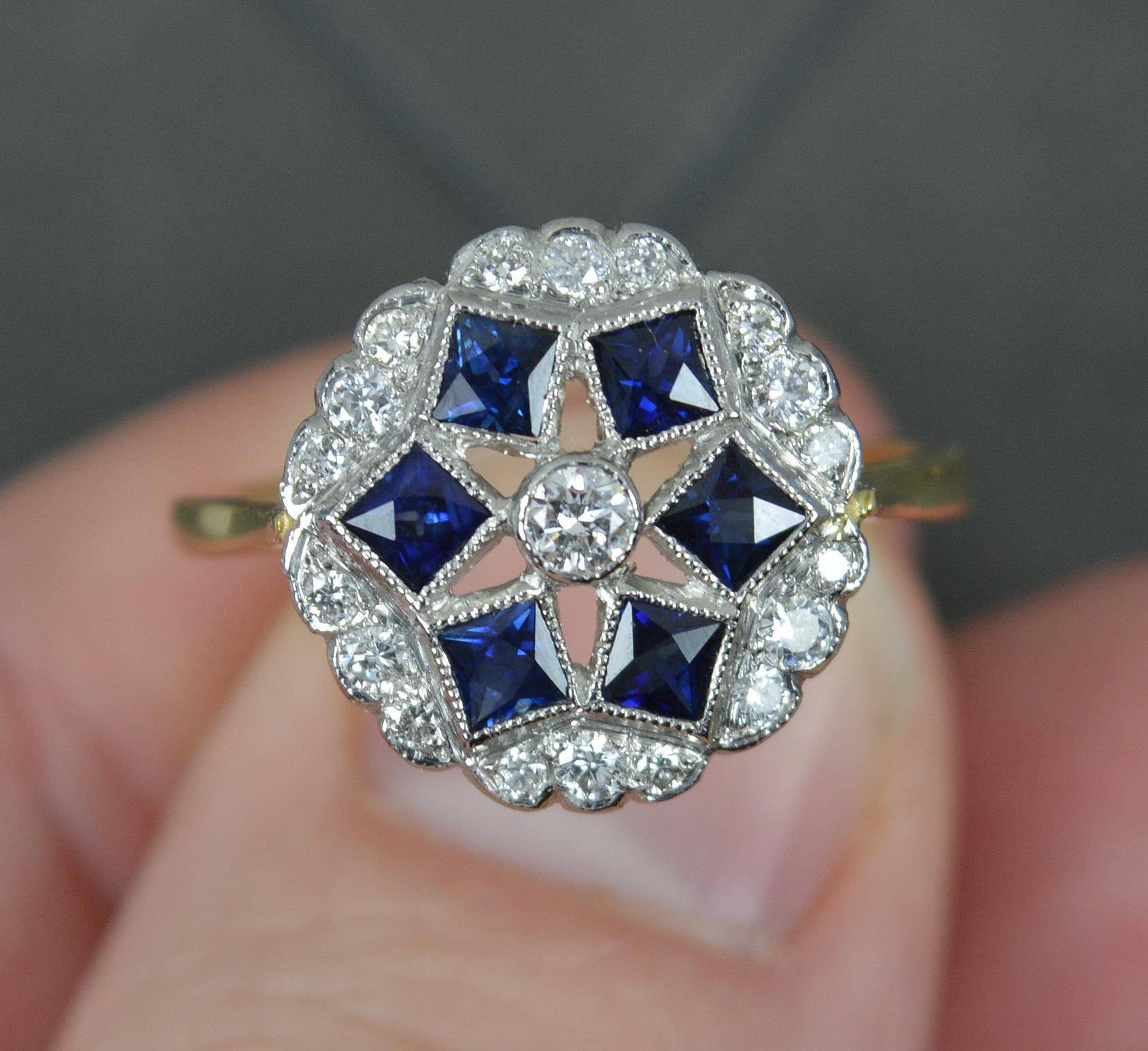 Beautiful 18ct Gold French Cut Sapphire and Diamond Cluster Panel Ring For Sale 1