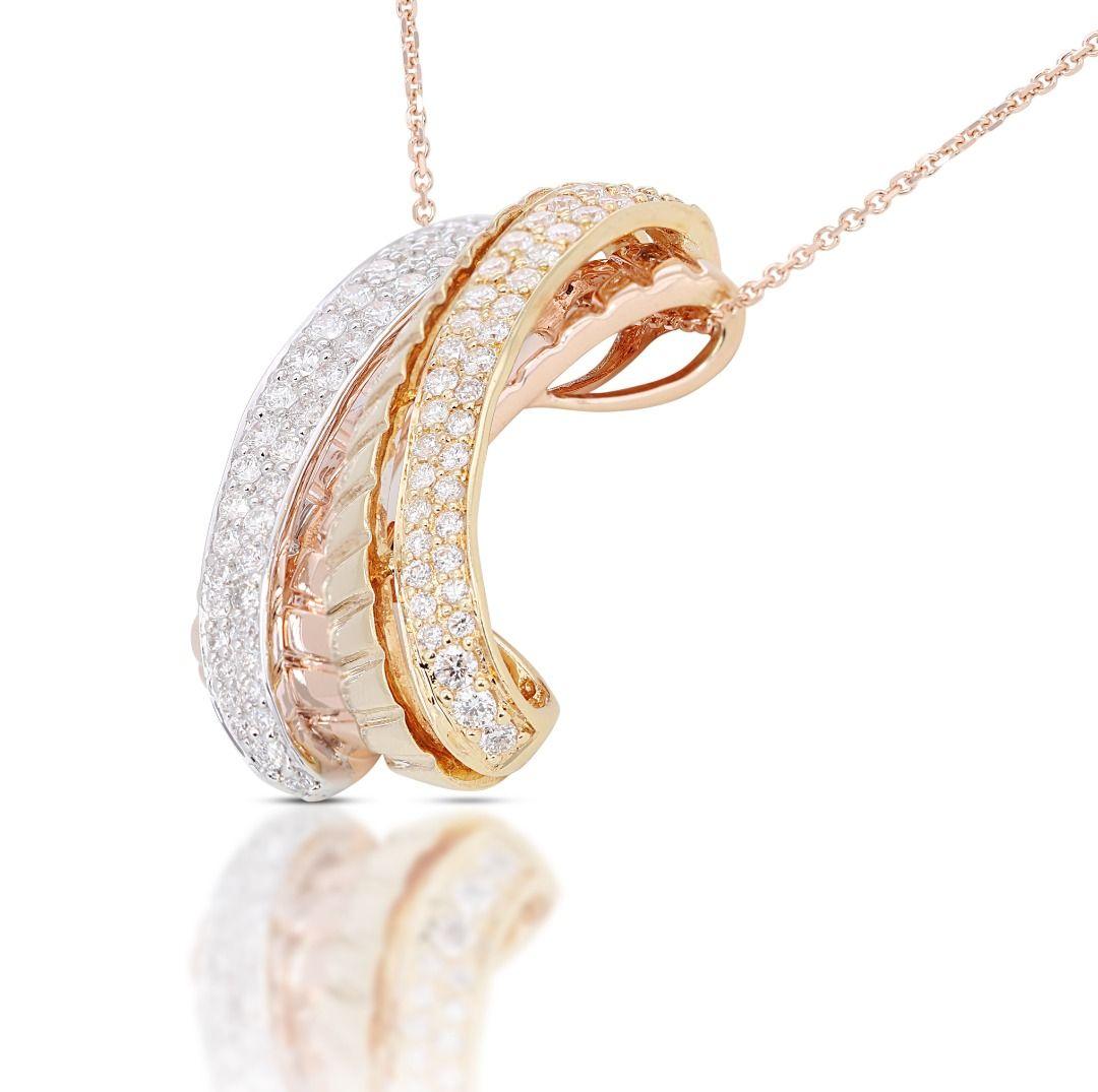 A beautiful necklace with a dazzling 0.84 carat round brilliant diamond. The jewelry is made of 18 TT with a high quality polish. It comes with a fancy jewelry box.

Product Details: 

Metal: 18k Three Toned Gold

Main Stone:
84 diamond main stone