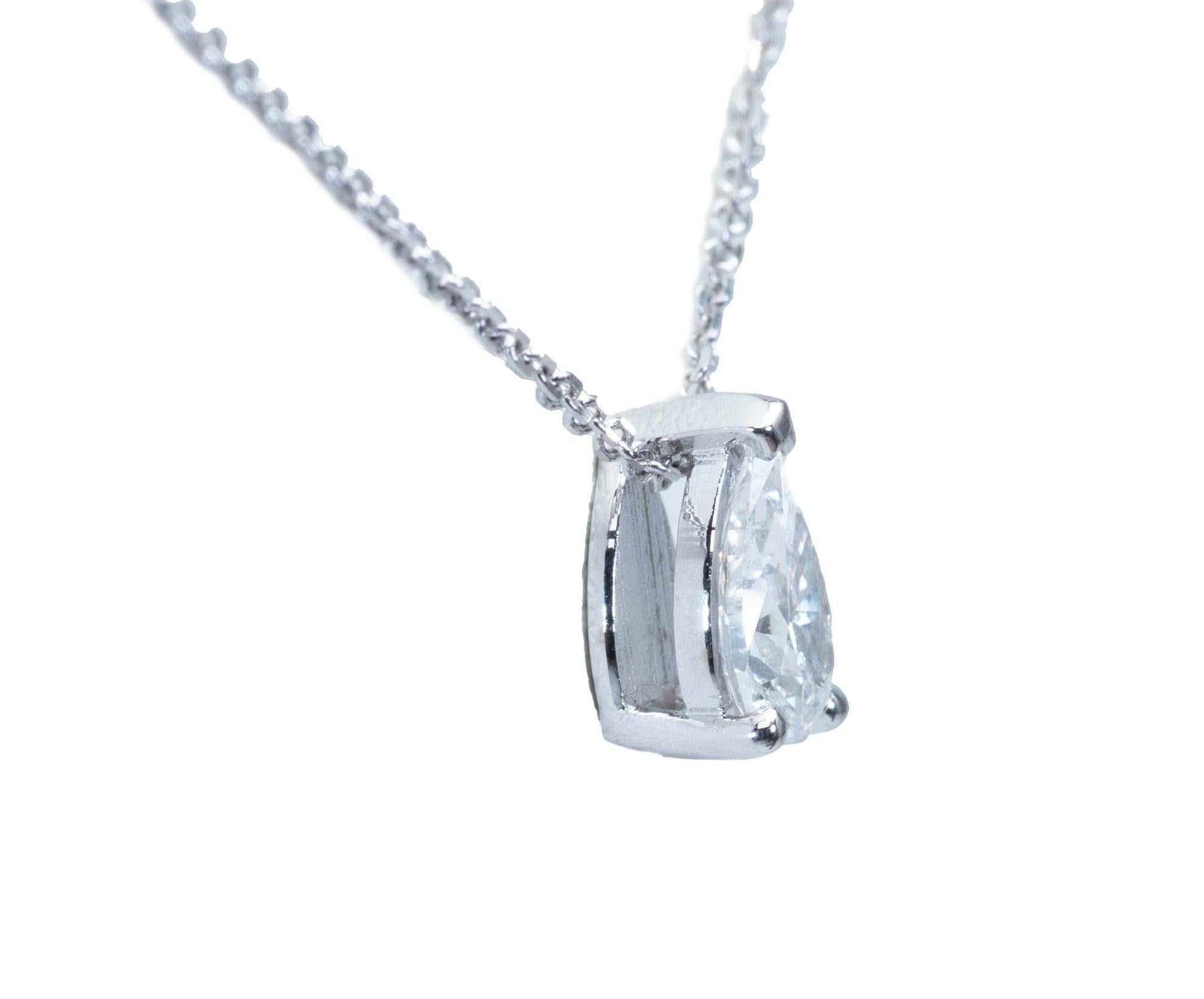 Beautiful classic solitaire pendant with chain made from 18k white gold with 0.39 carat of pear brilliant diamond. This pendant with chain comes with a GIA Certificate and a fancy box.

-1 diamond main stone of 0.39 ct.
cut: pear
color: F
clarity: