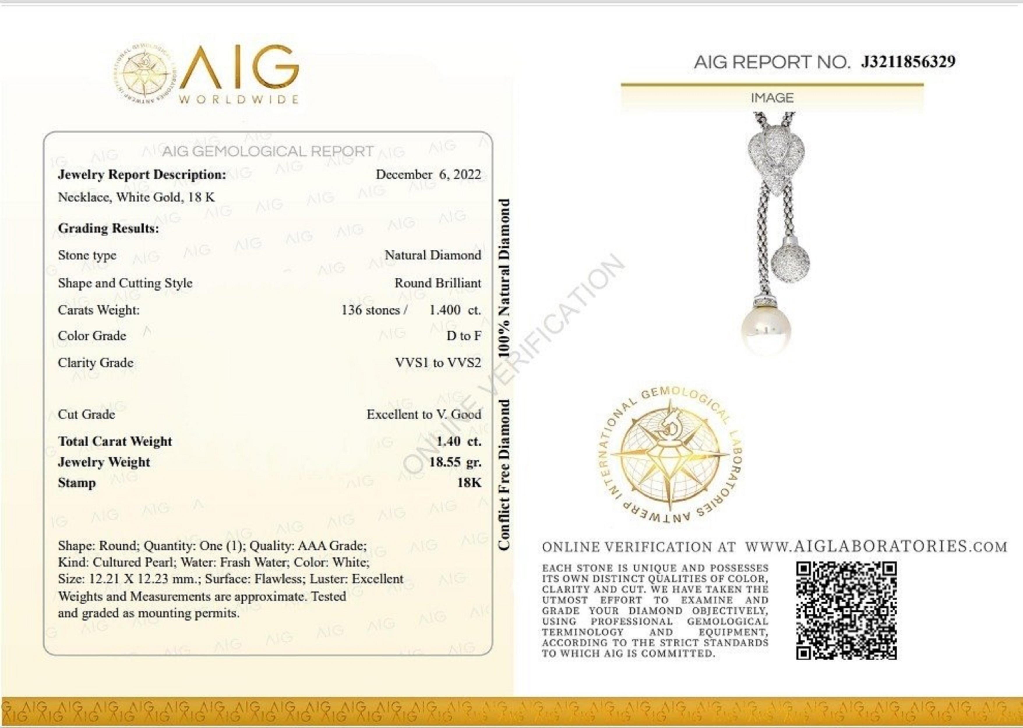 Round Cut Beautiful 18k White Gold Necklace with Pendant 1.4 Ct Natural Diamonds Aig Cert