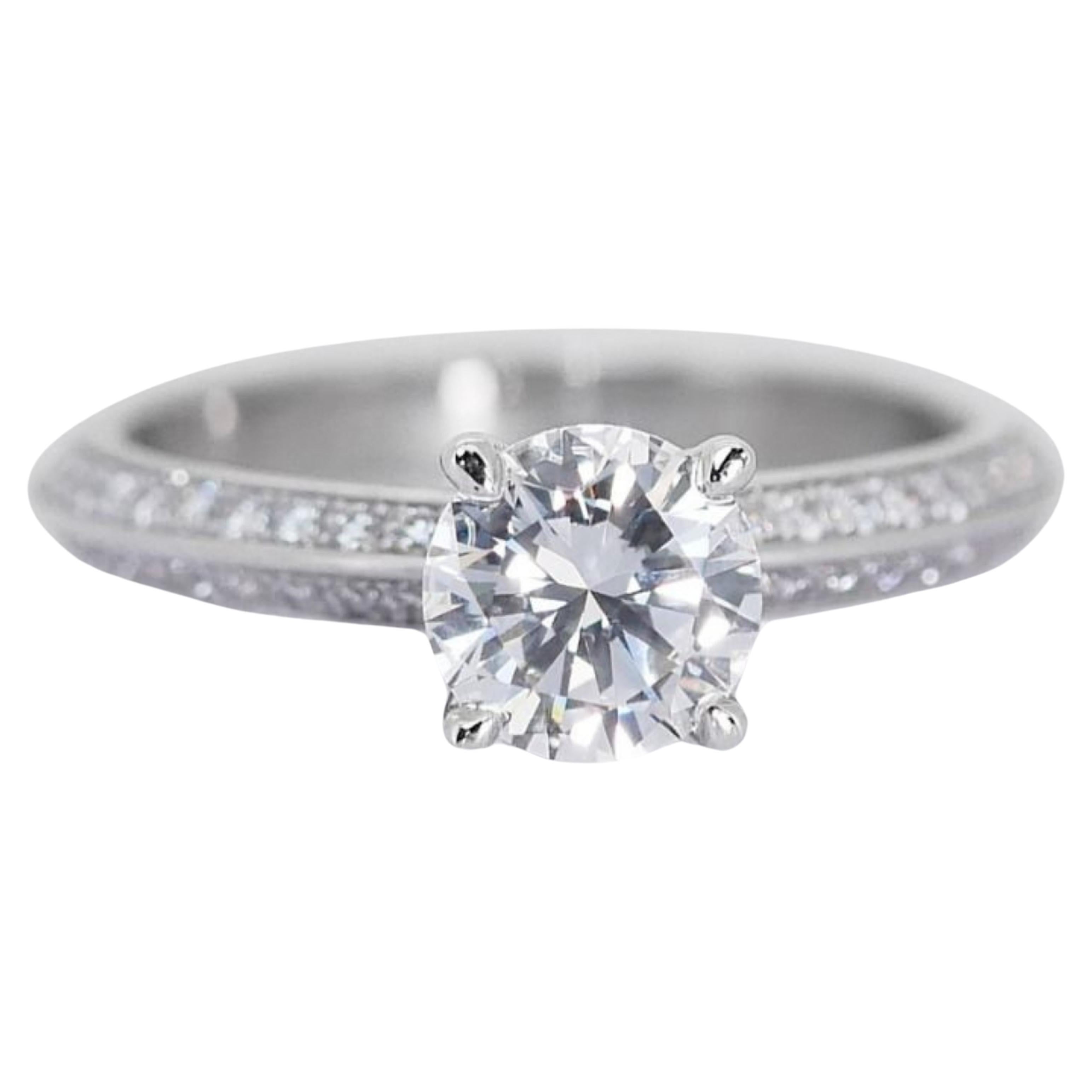 Beautiful 18k White Gold Ring 1.01ct. Round Brilliant Pave Diamond Ring For Sale