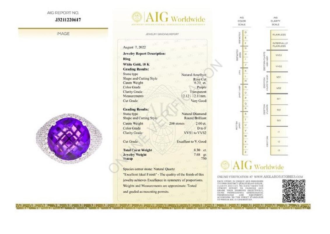 Beautiful 18k White Gold Ring 8.30 Ct Natural Amethyst and Diamonds, AIG Cert 6