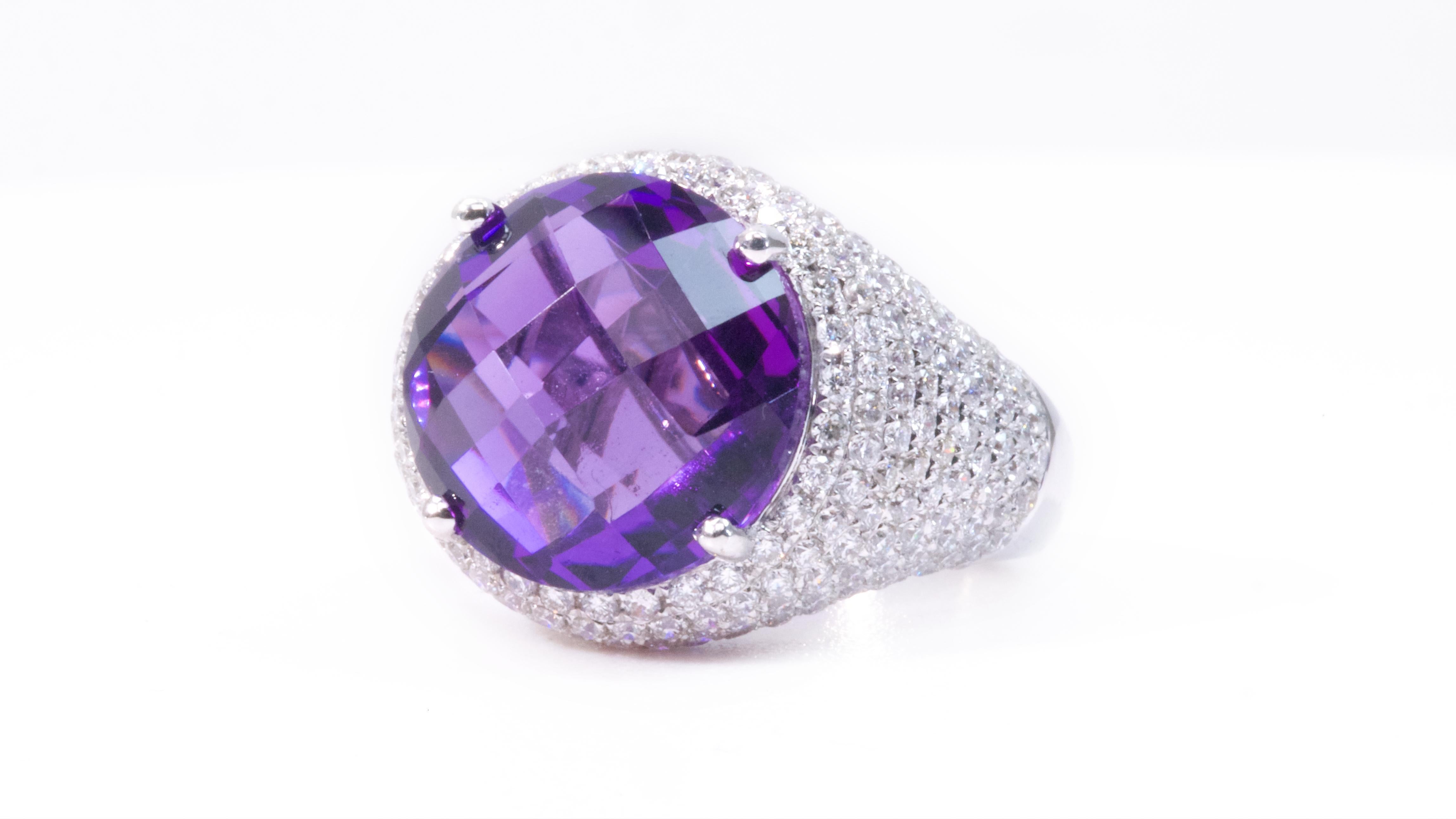 Beautiful 18k White Gold Ring 8.30 Ct Natural Amethyst and Diamonds, AIG Cert 2