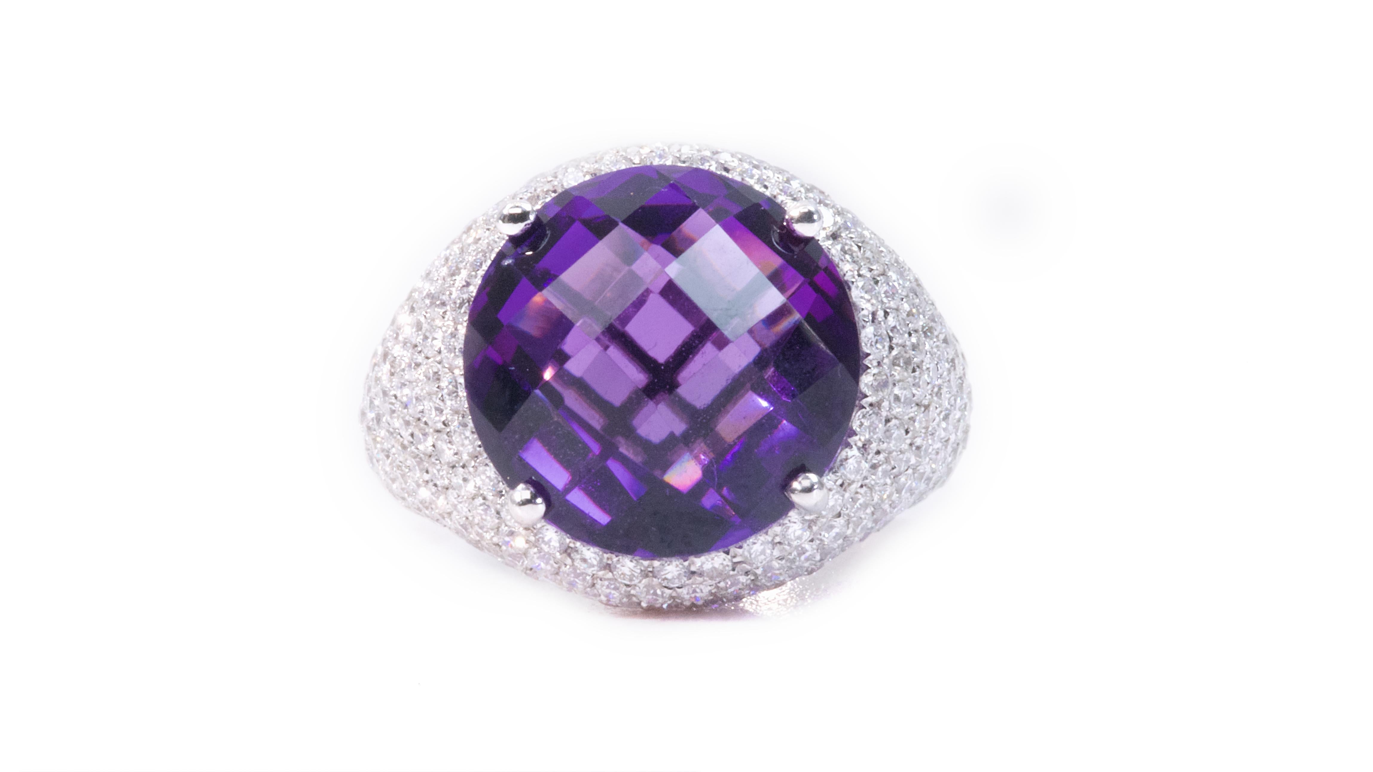 Beautiful 18k White Gold Ring 8.30 Ct Natural Amethyst and Diamonds, AIG Cert 3