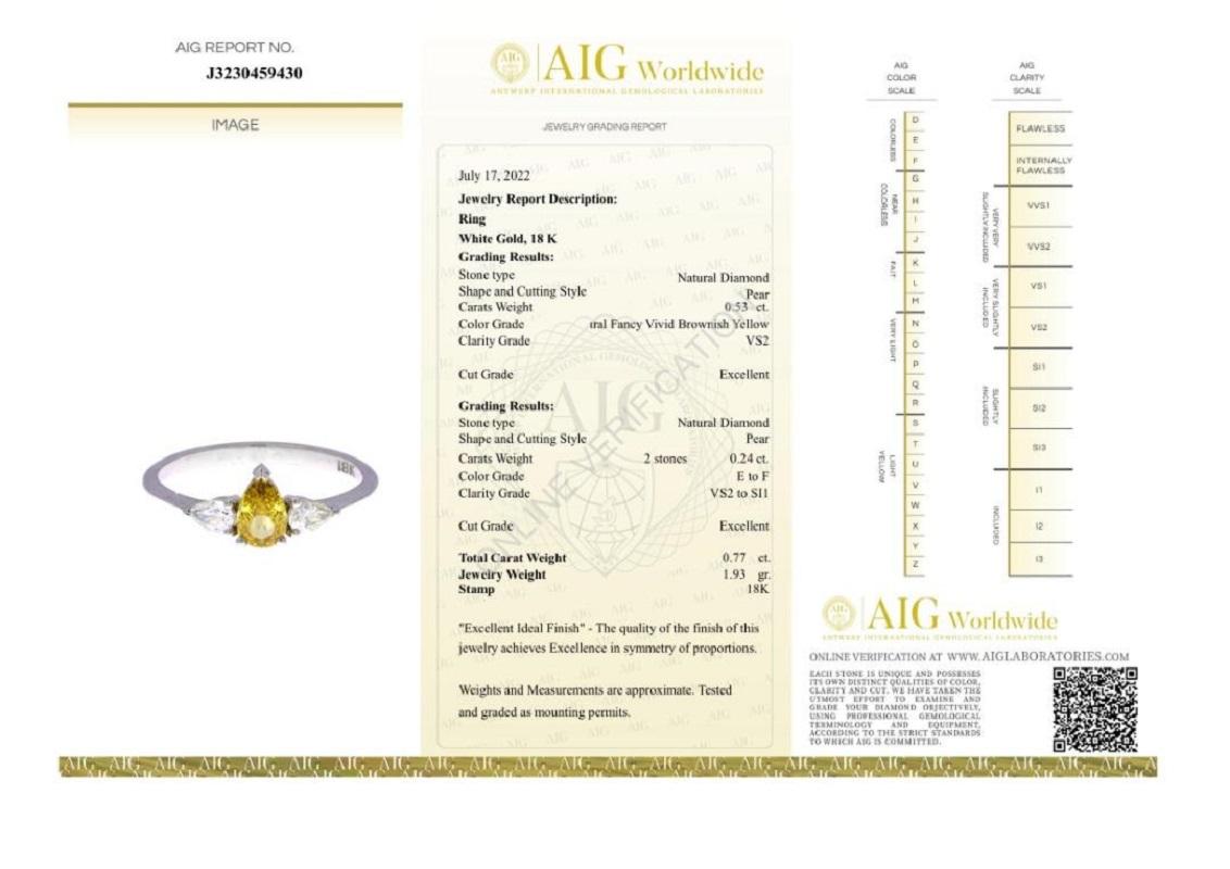 Pear Cut Beautiful 18k White Gold Three Stone Ring with 0.77 ct Natural Diamond- AIG cert
