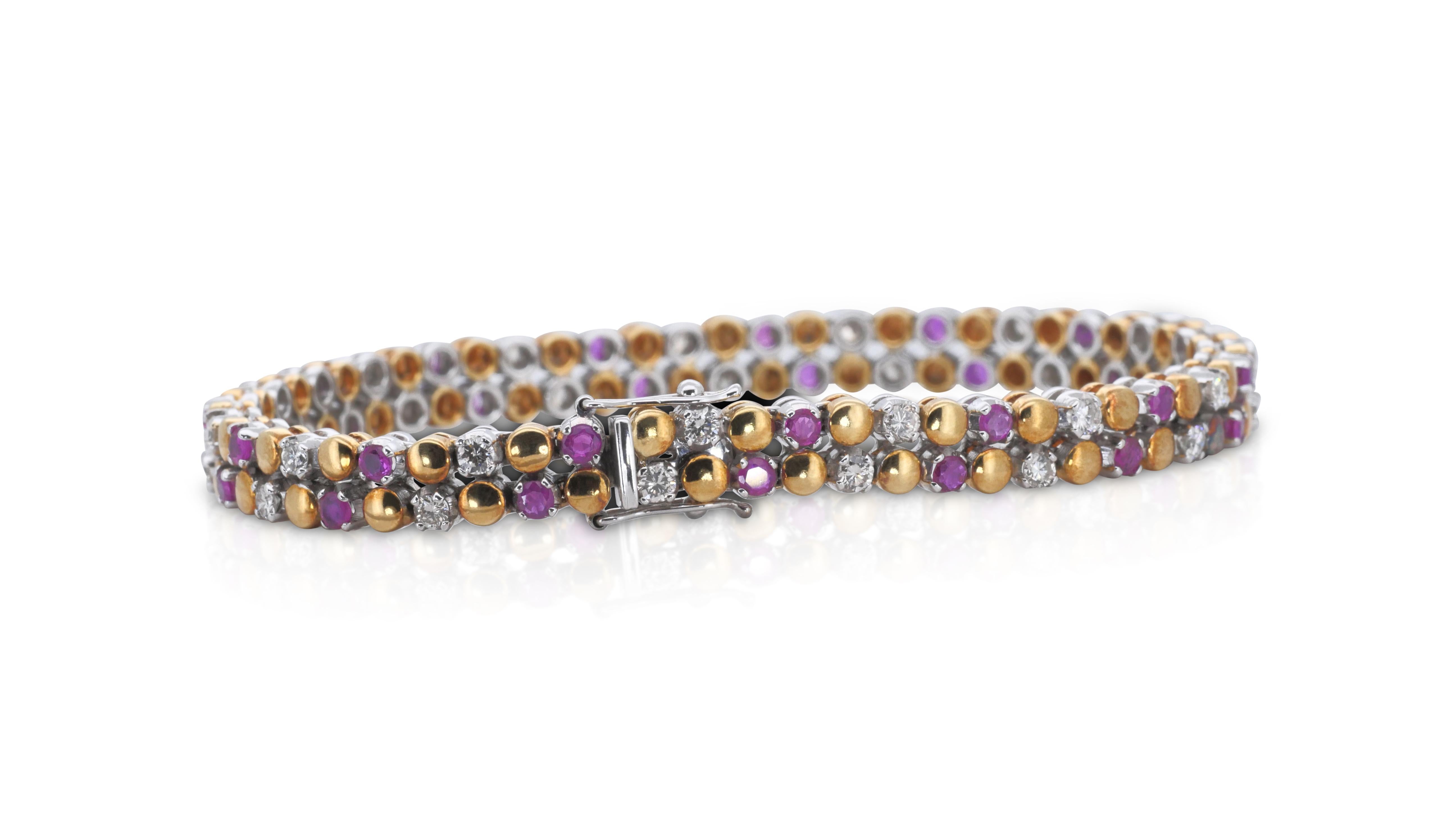 A beautiful bracelet with a dazzling 0.6 carat Round Brilliant natural diamonds. It has 0.6 carat of side rubies which add more to its elegance. The jewelry is made of 18k Yellow gold with a high quality polish. It comes with NGI certificate and a