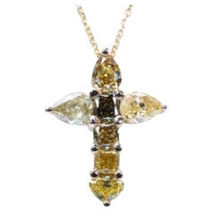 Beautiful 18k Yellow Gold Cross Pendant with 1.25 Ct Natural Diamonds, AIG Cert