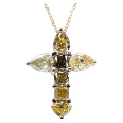 Beautiful 18k Yellow Gold Cross Pendant with 1.25 Ct Natural Diamonds, AIG Cert