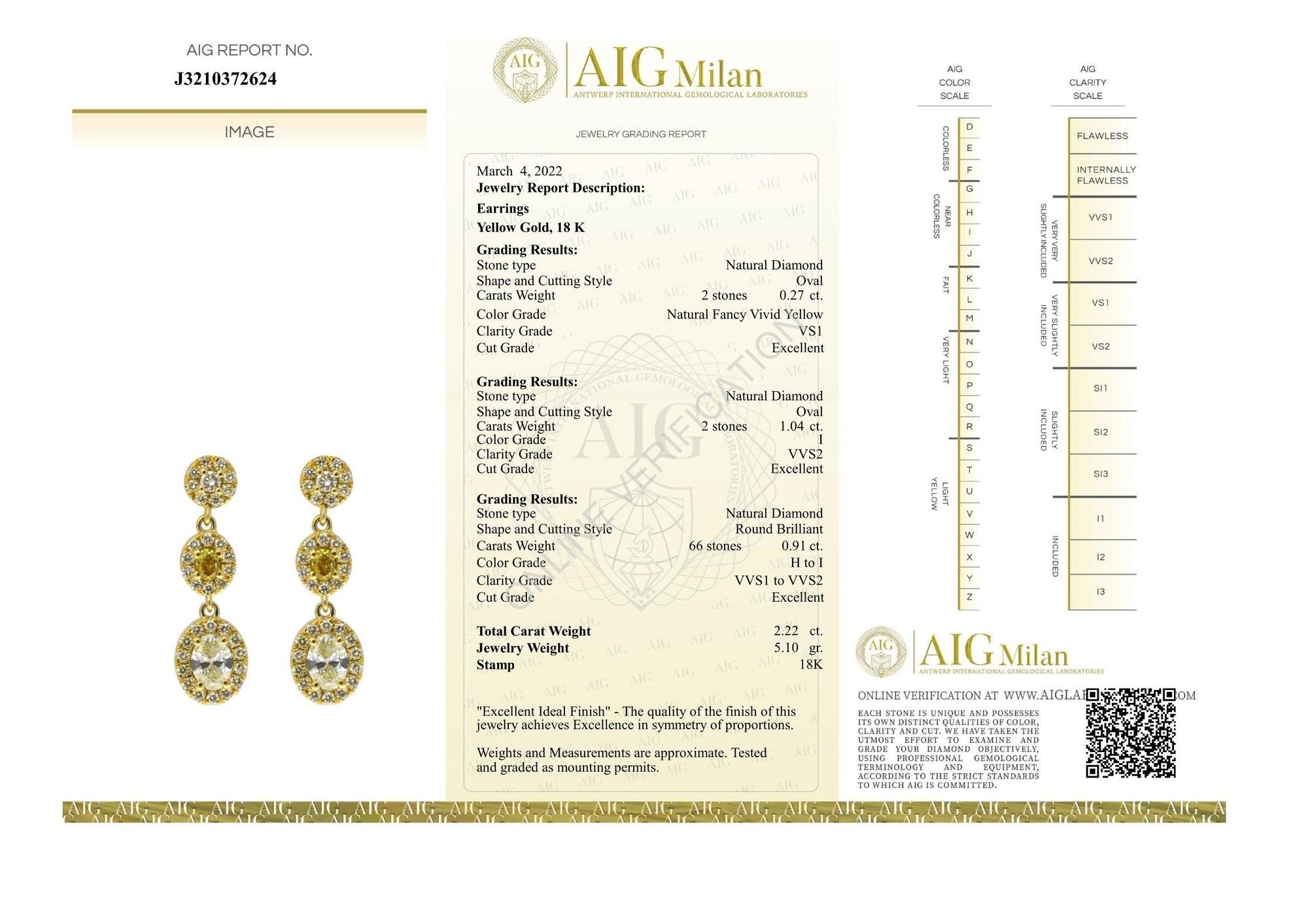Beautiful 18K Yellow Gold Earrings with 2.22 carat Natural Diamonds- AIG Cert 1