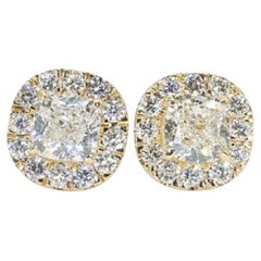 Beautiful 18k Yellow Gold Halo Earrings with 1.04 Ct Natural Diamonds, GIA Cert