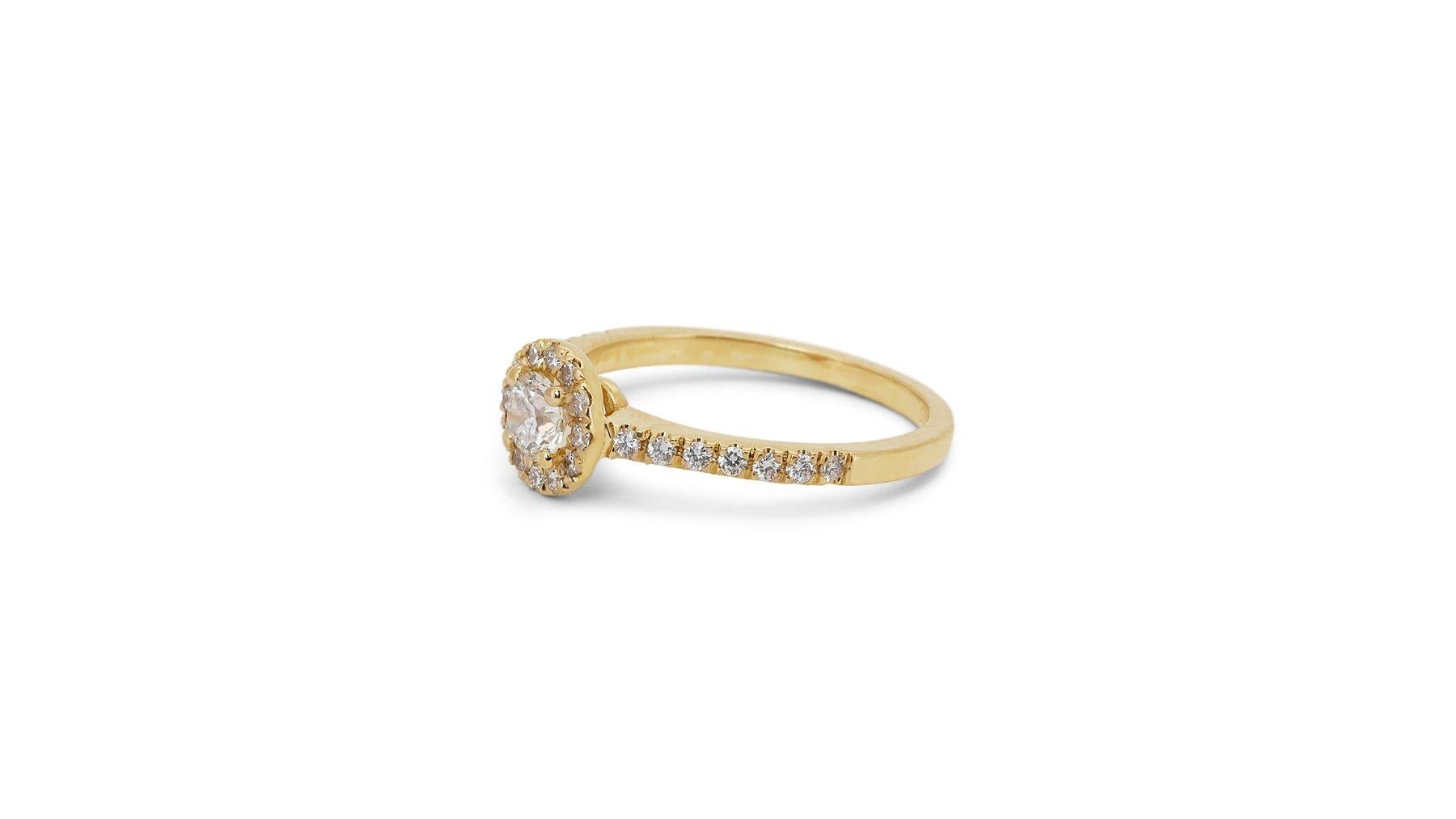 Beautiful 18k Yellow Gold Natural Diamond Halo Ring 1 ct - GIA Certified

This dazzling halo diamond ring embodies classic design and enduring brilliance, featuring a stunning 0.70 carat round diamond center stone nestled within a 26 sparkling