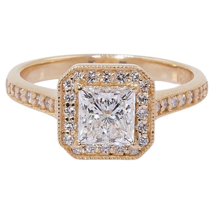 Beautiful 18K Yellow Gold Natural Diamond Princess Halo Ring w/1.36 Carat - GIA 