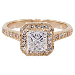 Beautiful 18K Yellow Gold Natural Diamond Princess Halo Ring w/1.36 Carat - GIA 
