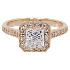 Schöner 18 Karat Gelbgold natürlicher Diamant Prinzessin-Halo-Ring mit/1,36 Karat - GIA 