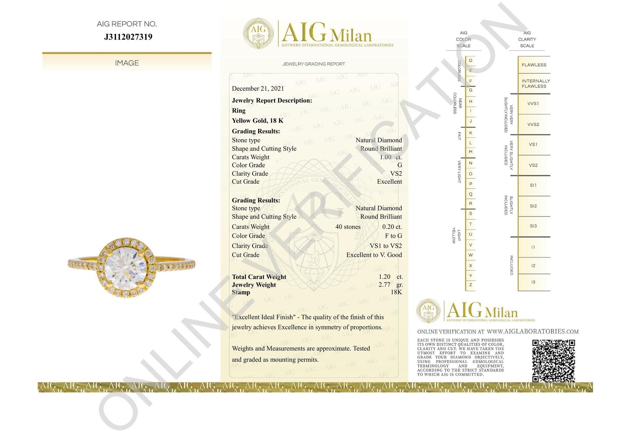 Beautiful 18K Yellow Gold Ring with 1.20 Ct Natural Diamonds, AIG Certificate 2