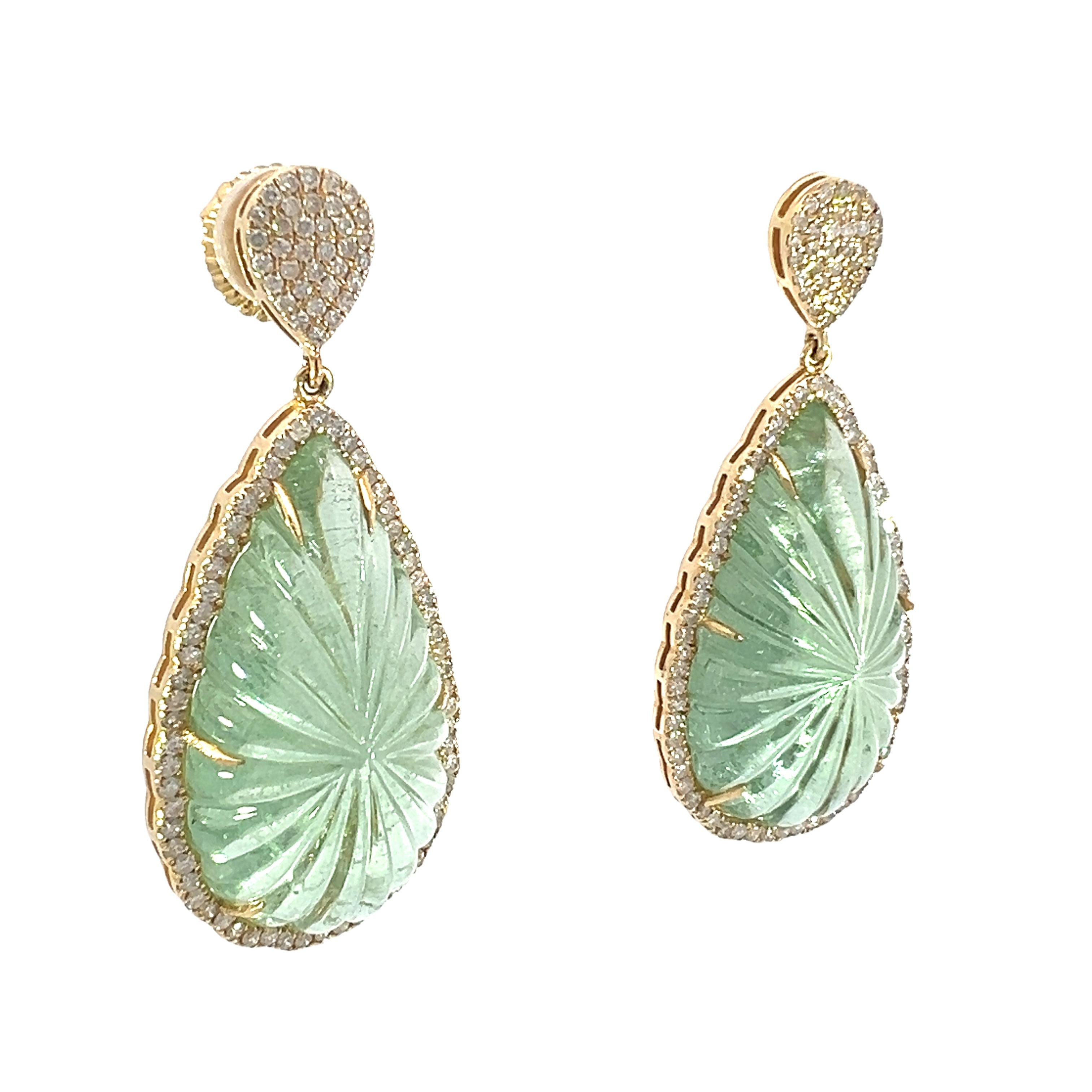 Mixed Cut Beautiful 18Kt natural green aquamarine and diamond earrings For Sale