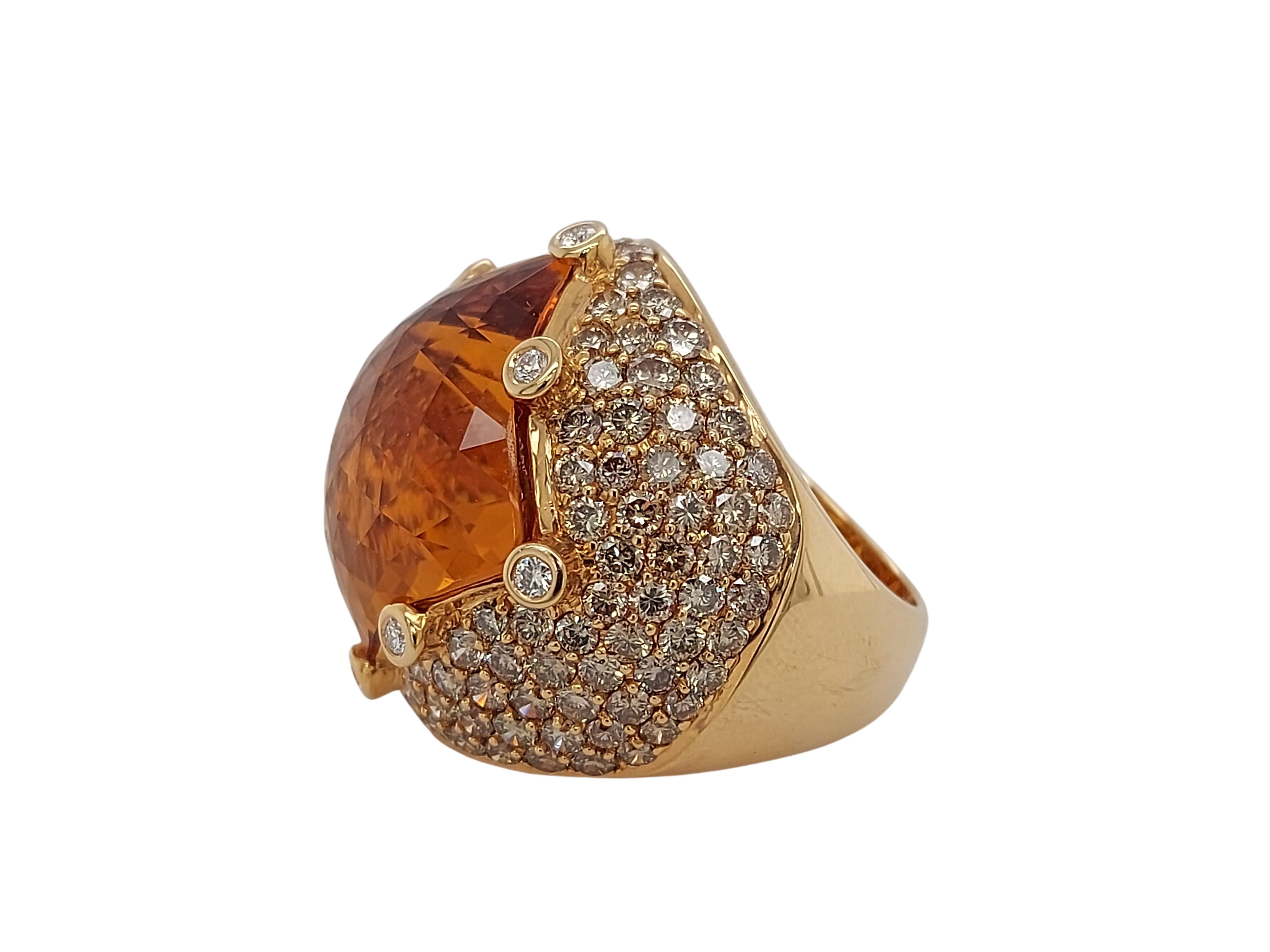 Artisan Beautiful 18kt Pink Gold Ring with Large 22.50 Ct Citrine and 5.25 Ct Diamonds For Sale