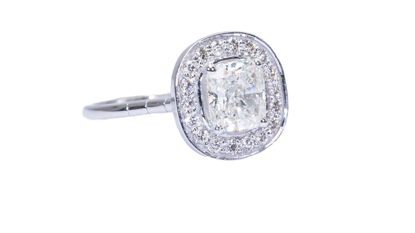 Women's or Men's Beautiful 18kt. White Gold Halo Cushion Ring 1.70 Ct Natural Diamonds, IGI Cert For Sale