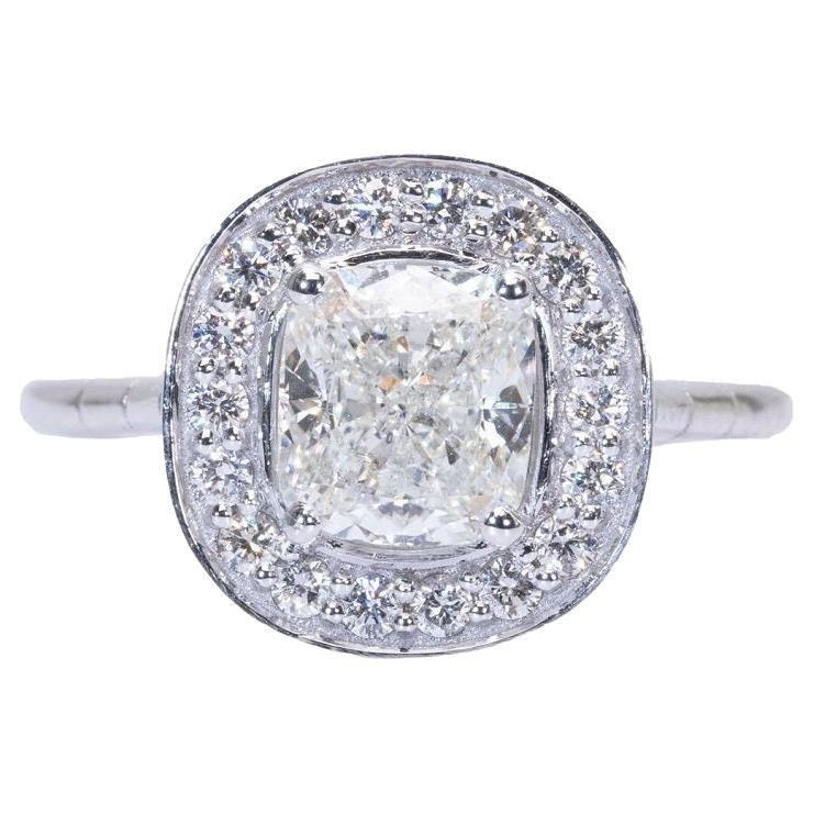 Beautiful 18kt. White Gold Halo Cushion Ring 1.70 Ct Natural Diamonds, IGI Cert For Sale