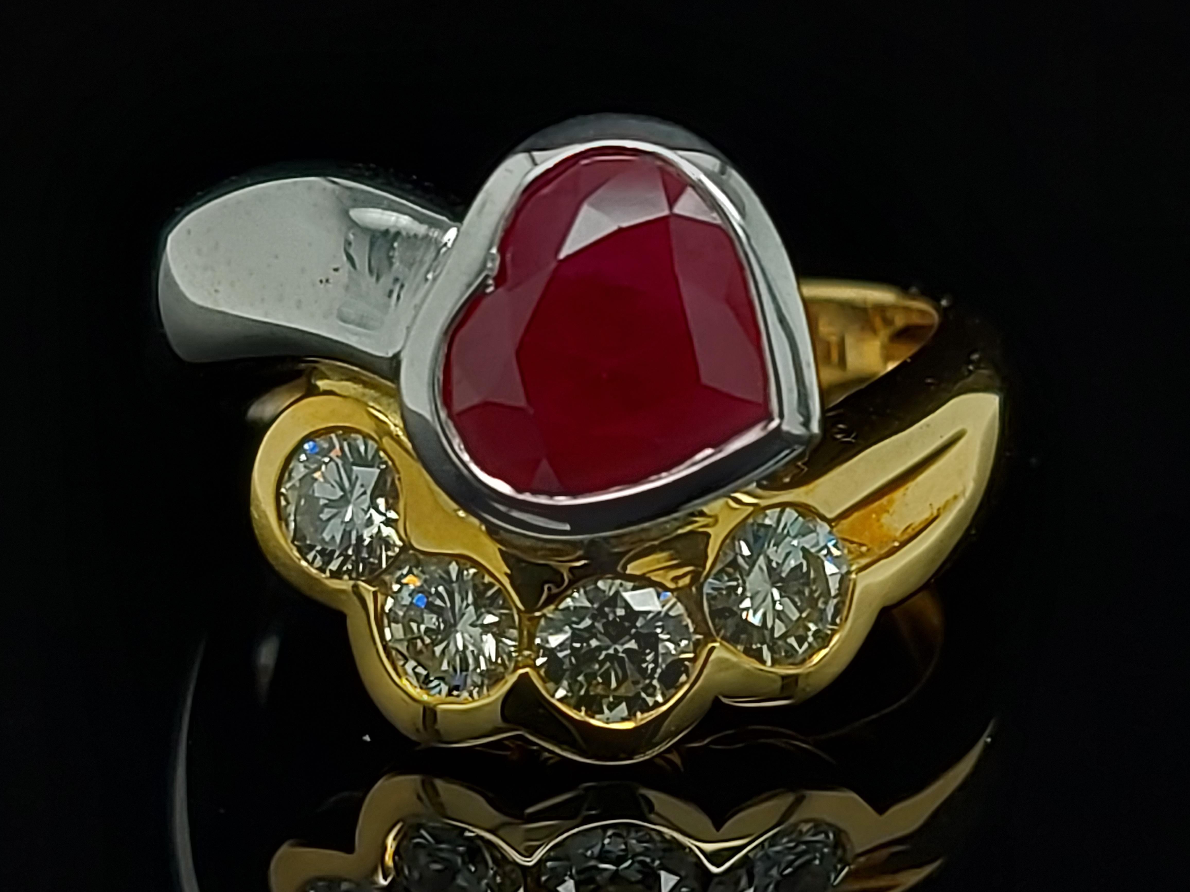 Heart Cut Beautiful 18kt Yellow and White Gold Ring with 4 Diamonds and Heart Shaped Ruby For Sale