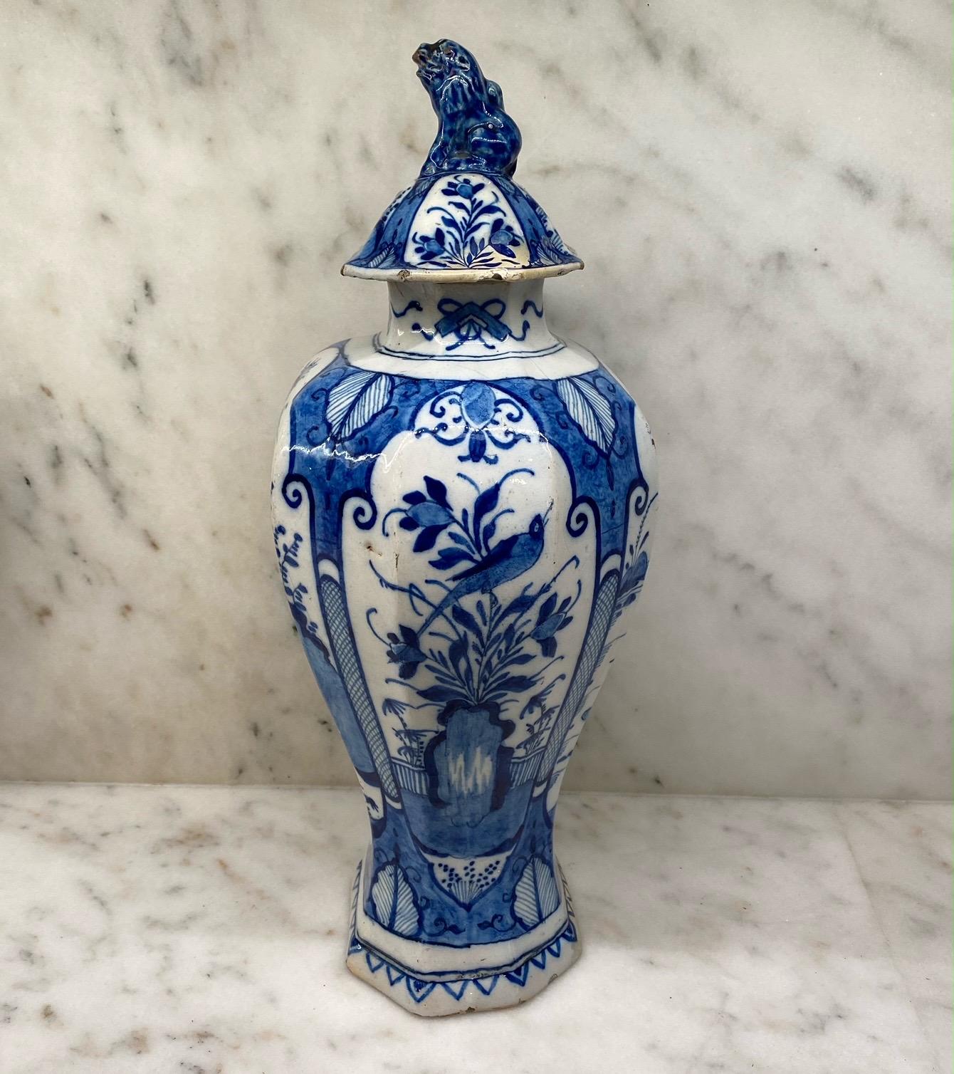 18th Century and Earlier Beautiful 18th Century Dutch Delft Blue and White Earthenware Vase with Top For Sale