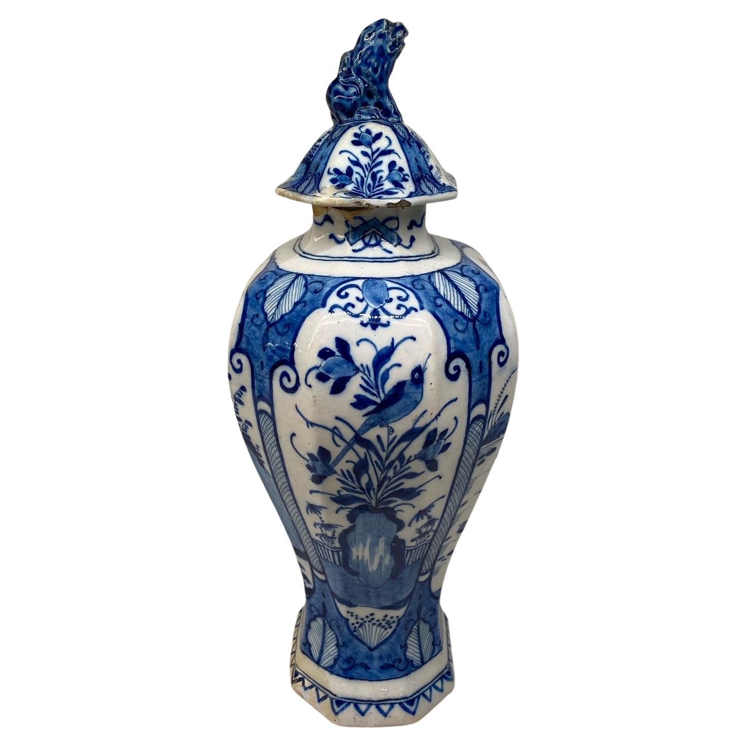 Beautiful 18th Century Dutch Delft Blue and White Earthenware Vase with Top