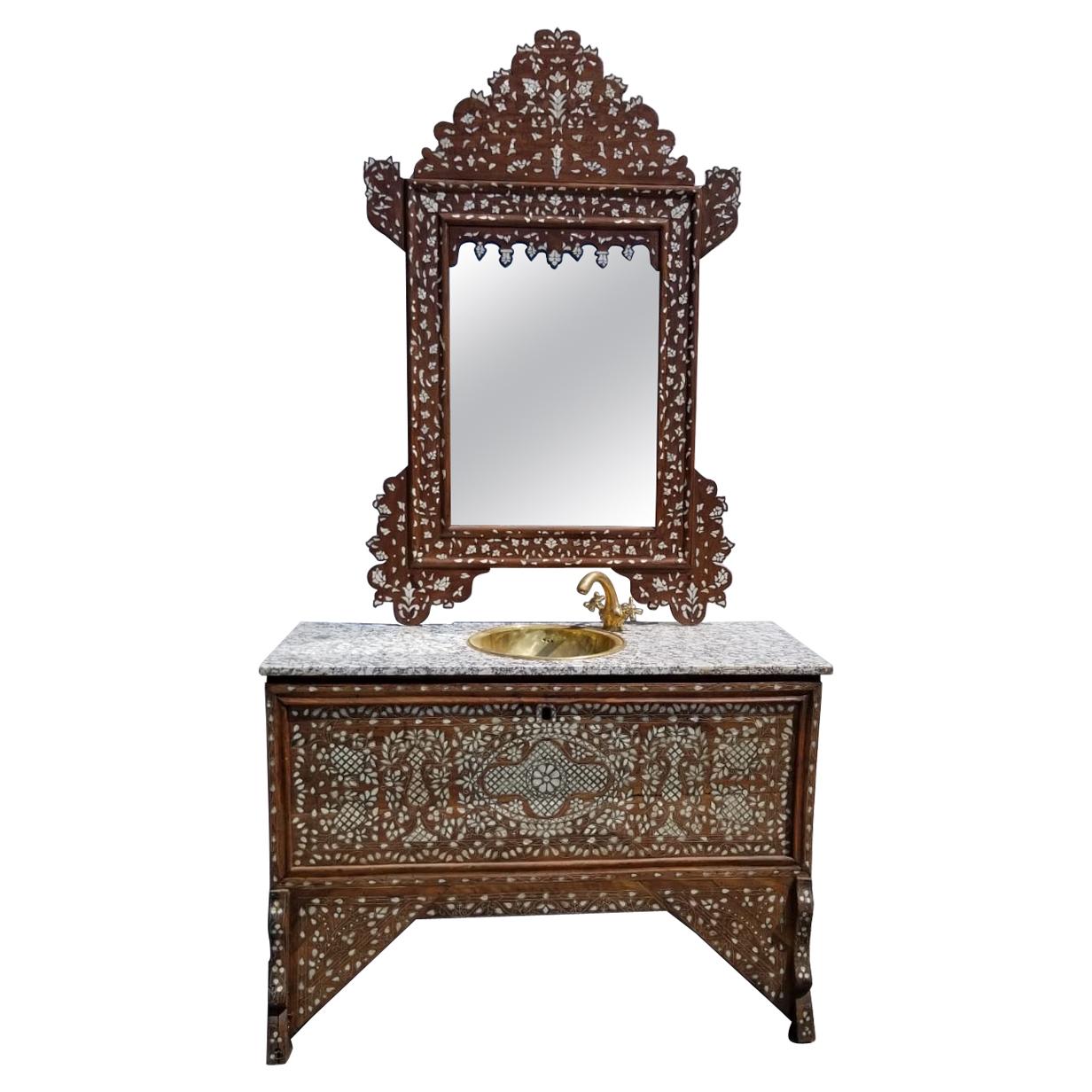 Beautiful 1900s Middle Eastern Mother of Pearl Vanity and Mirror For Sale
