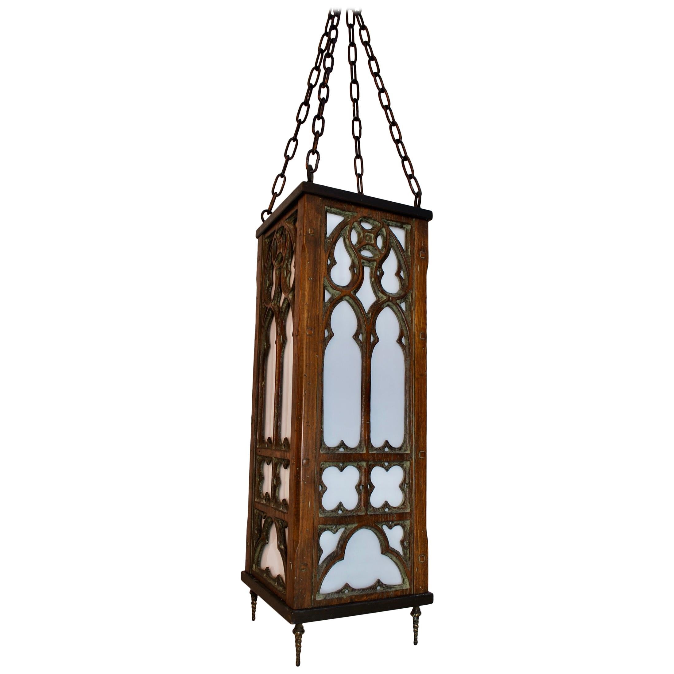Beautiful 1920s Gothic Wood Lantern For Sale