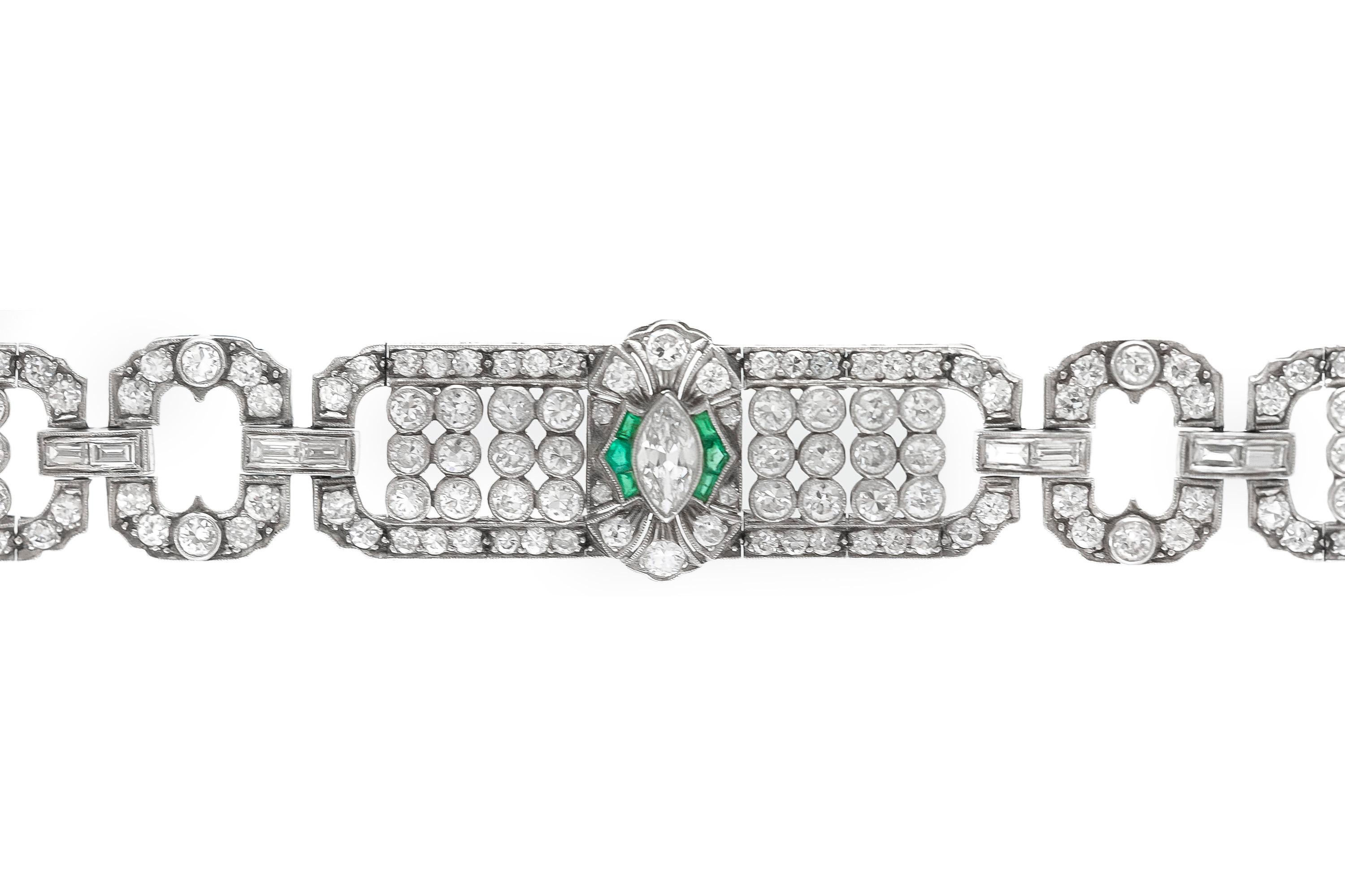 The beautiful bracelet is finly crafted in platinum with emerald and diamonds weighing approximately total of 15.00 carat.
beautiful and feminine .
Circa 1920's
