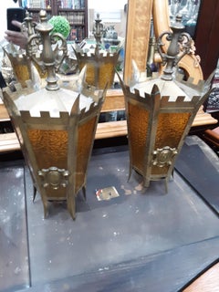 Beautiful 1930 French Antique Lanterns of Gilded Bronze and Star Cut Glass 2 Pc