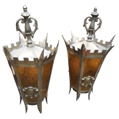 Beautiful 1930 French Antique Lanterns of Gilded Bronze and Star Cut Glass 2 Pc