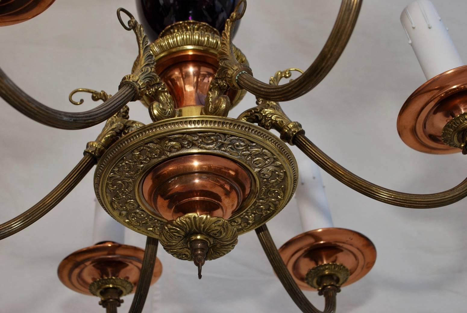 American Beautiful 1930s Brass and Copper Chandelier with Purple Glass