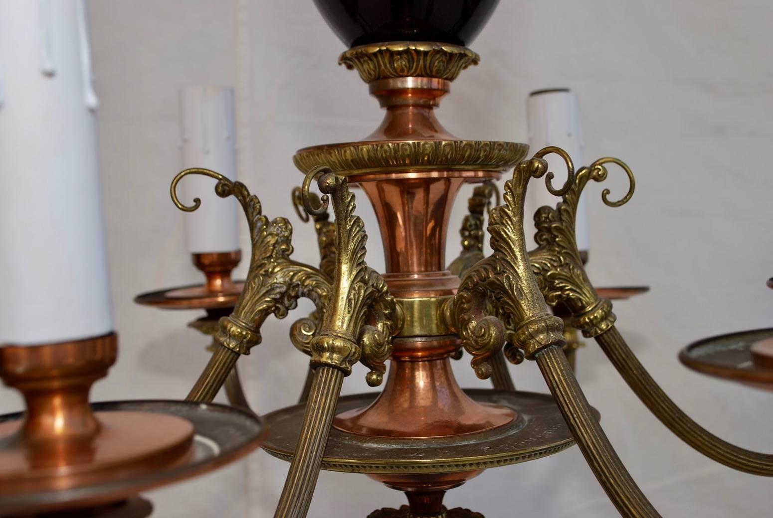 Beautiful 1930s Brass and Copper Chandelier with Purple Glass In Excellent Condition In Los Angeles, CA