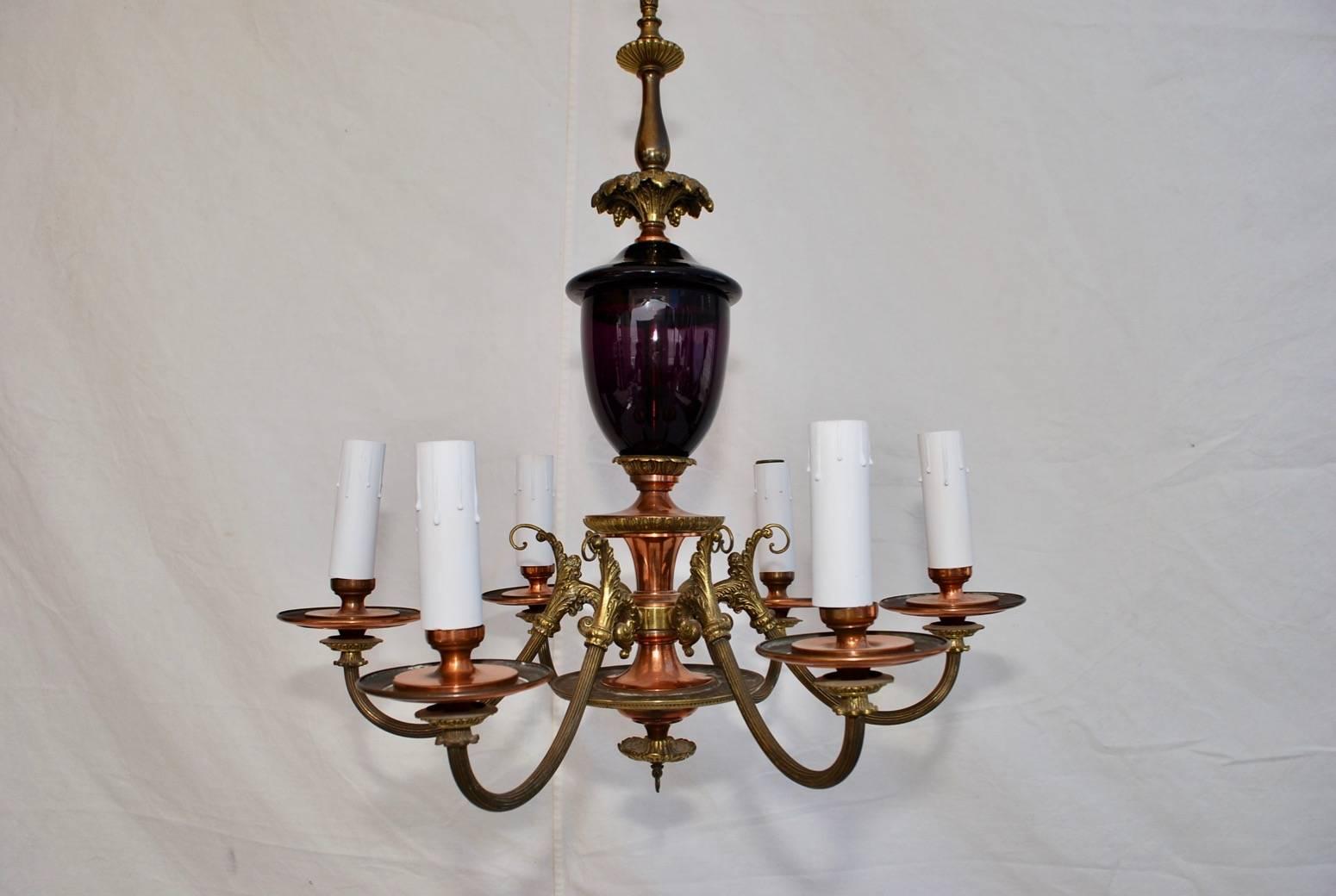 Mid-20th Century Beautiful 1930s Brass and Copper Chandelier with Purple Glass