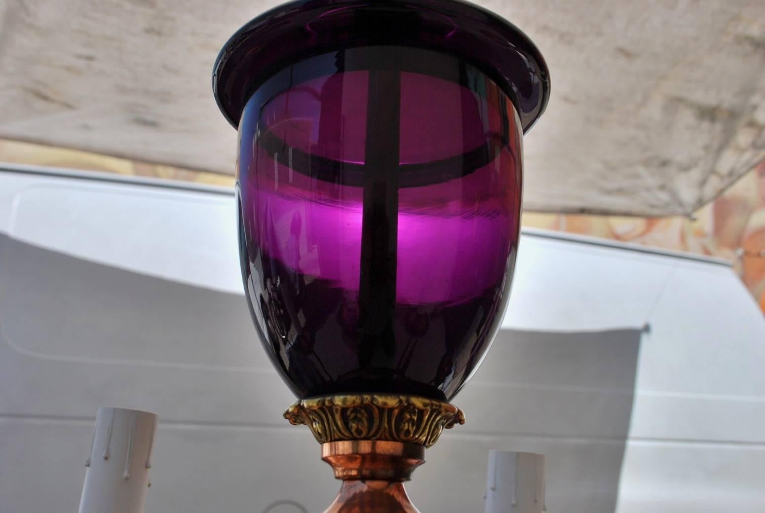 Beautiful 1930s Brass and Copper Chandelier with Purple Glass 1