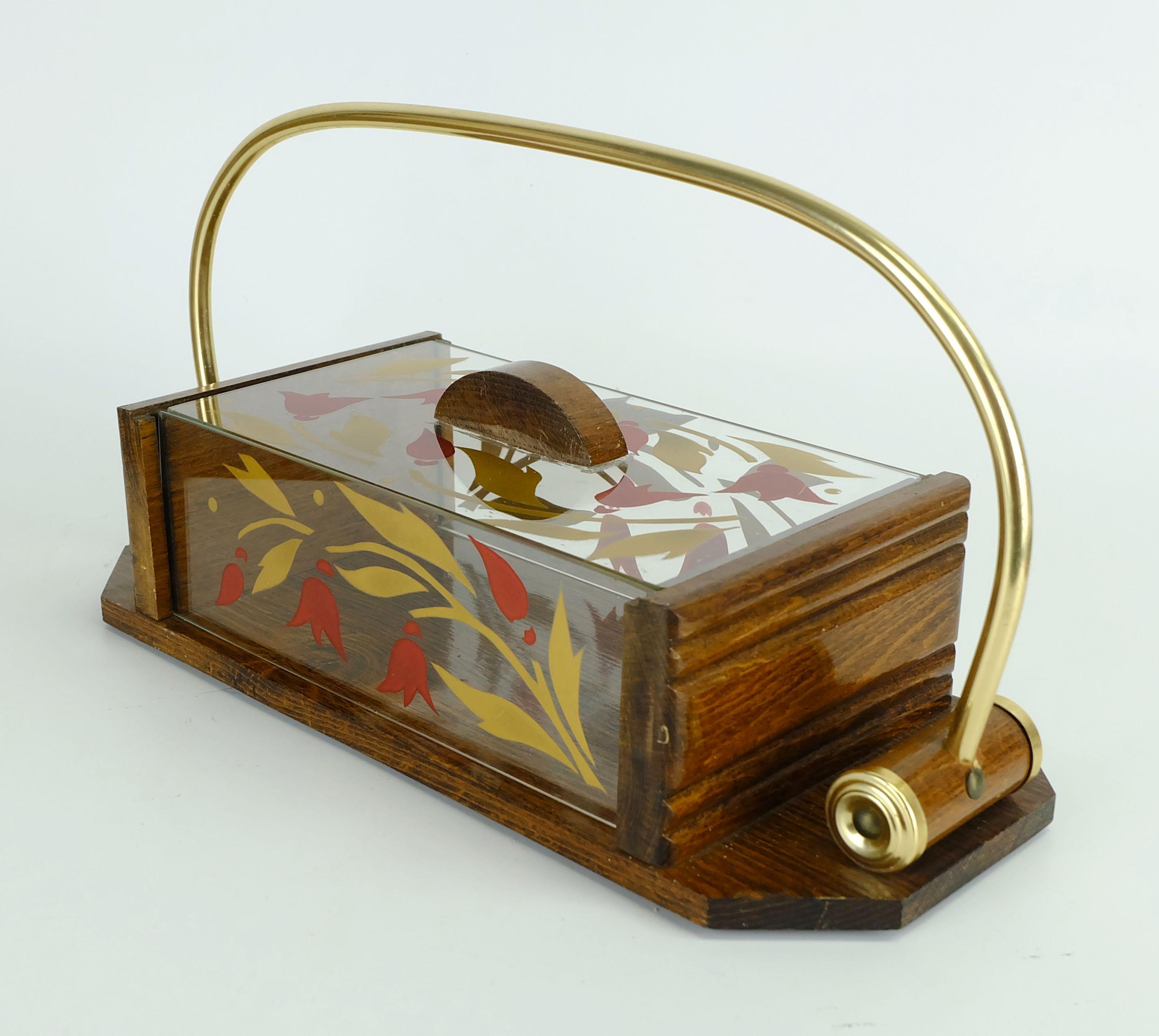 Art Deco beautiful 1930s french art déco COOKIE JAR wood glass brass For Sale