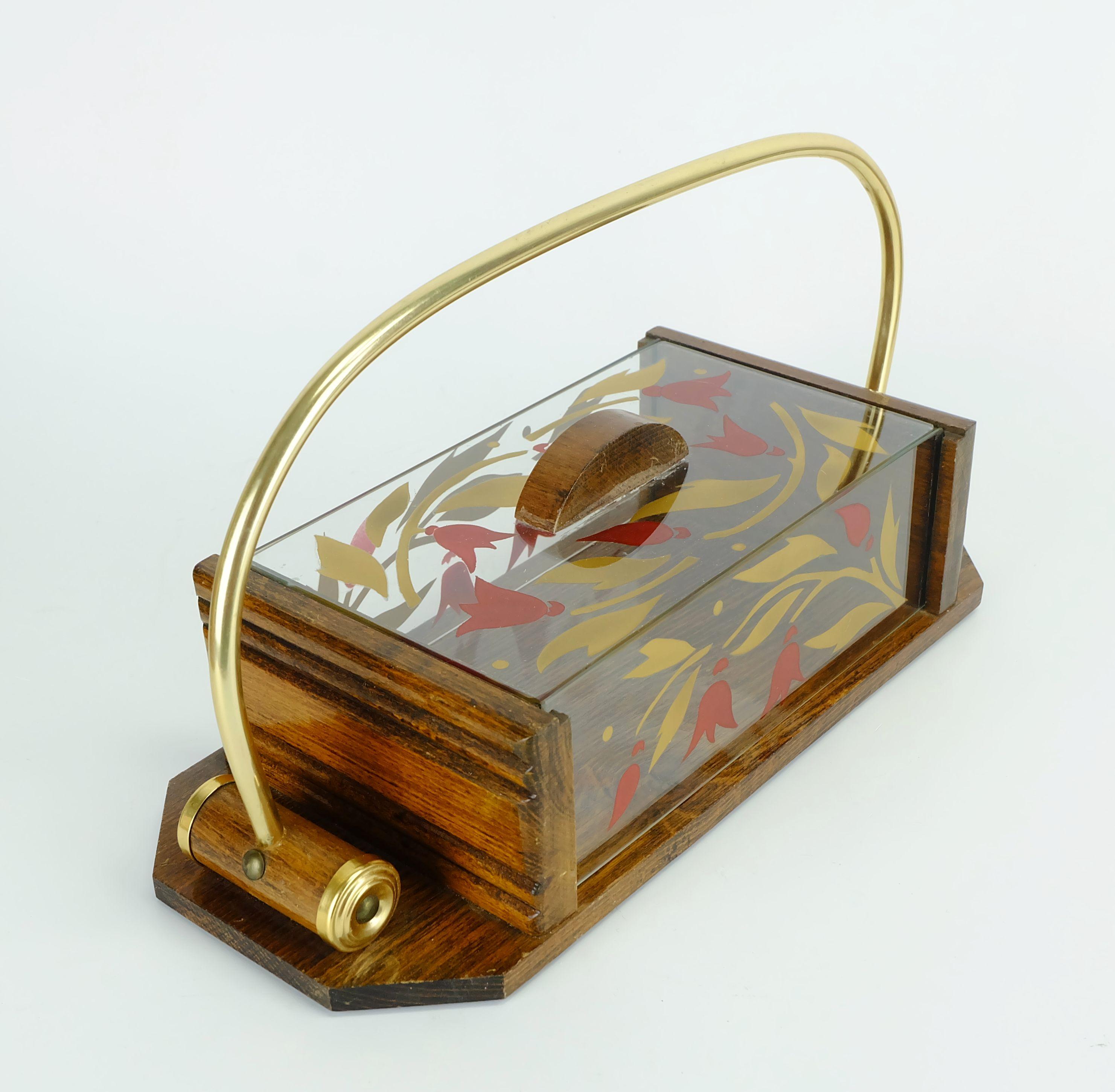 beautiful 1930s french art déco COOKIE JAR wood glass brass In Good Condition For Sale In Mannheim, DE