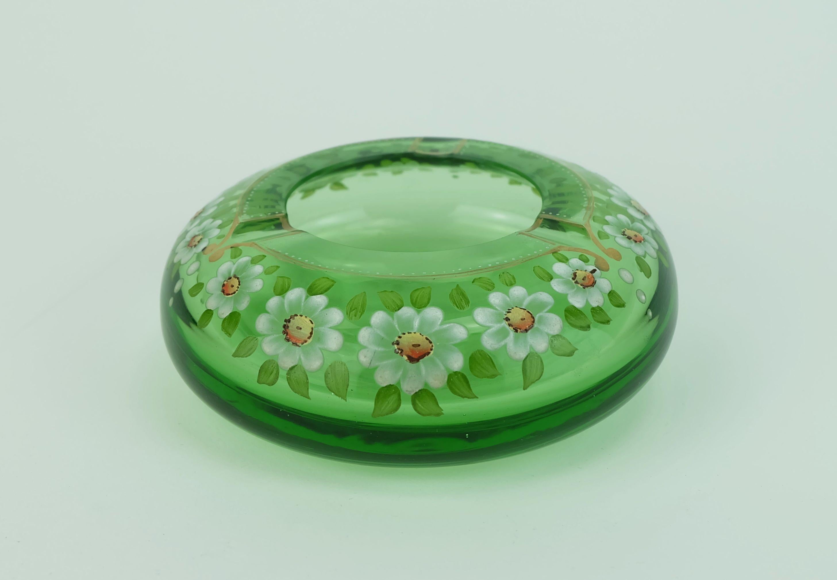 Mid-20th Century beautiful 1930s glass ASHTRAY handpainted floral decor For Sale