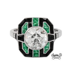 Sophia D. 1.94 Carat Diamond, Onyx, and Emerald Art Deco Ring in Platinum